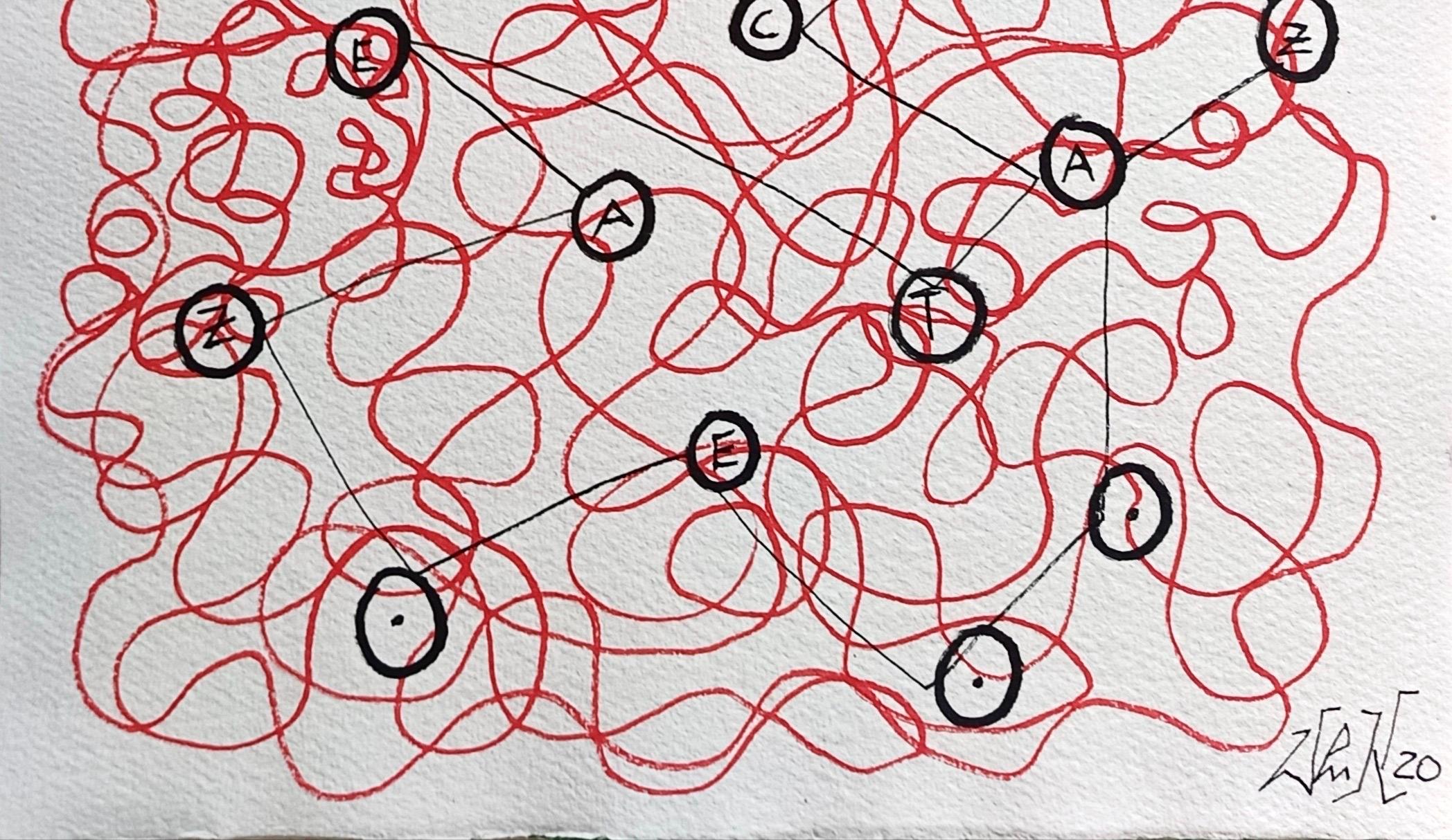 « Traces » d'E. Wenk, 2020- Peinture et crayon acryliques noirs et rouges, mots abstraits - Néo-expressionnisme Painting par Enzio Wenk
