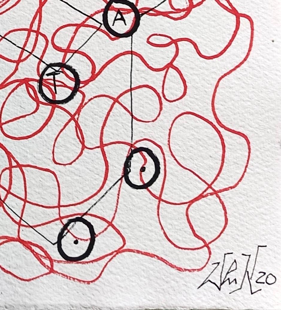 « Traces » d'E. Wenk, 2020- Peinture et crayon acryliques noirs et rouges, mots abstraits - Gris Abstract Painting par Enzio Wenk