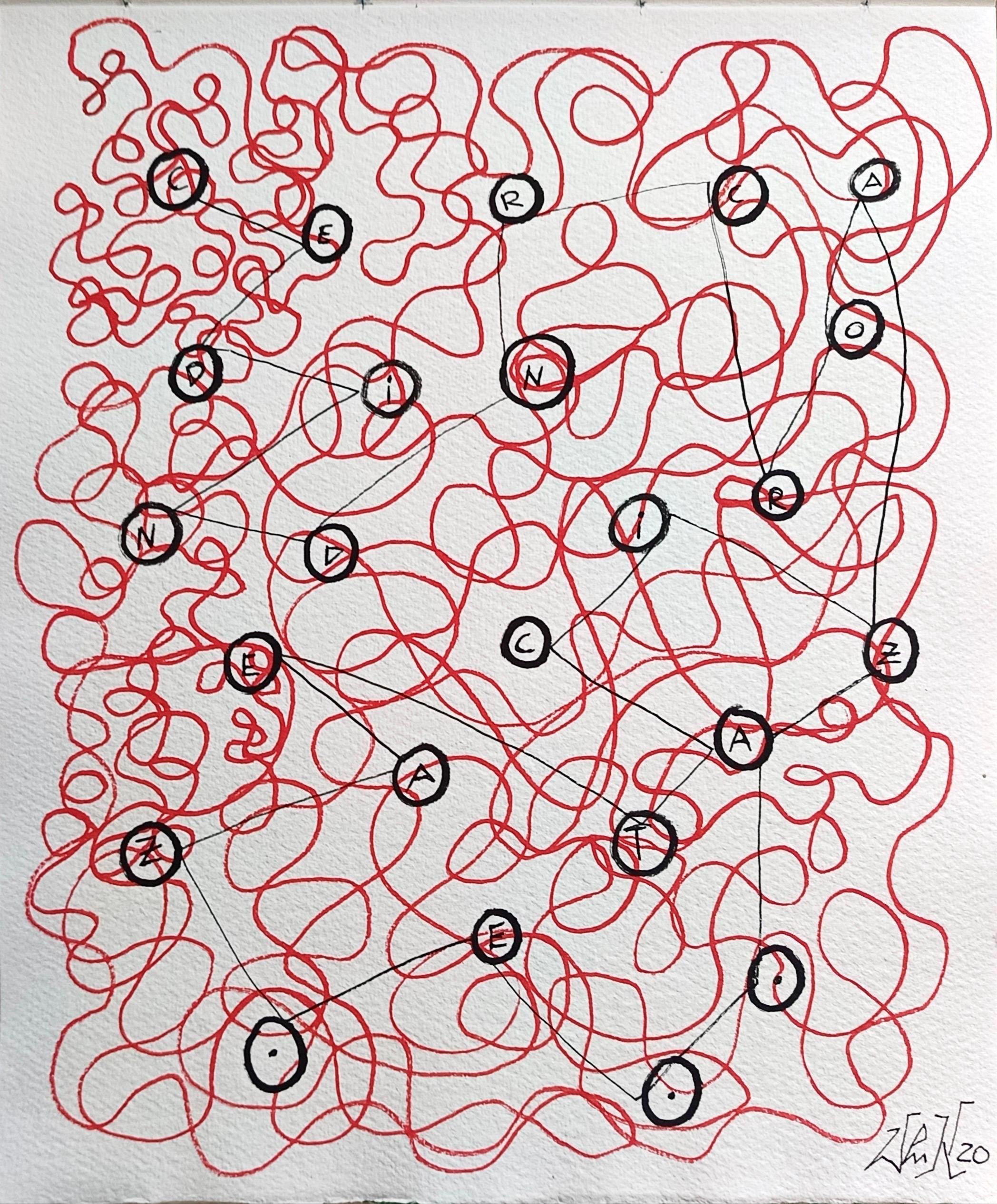 « Traces » d'E. Wenk, 2020- Peinture et crayon acryliques noirs et rouges, mots abstraits