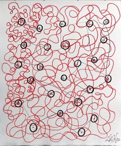 „Traces“ von E. Wenk, 2020-Schwarze und rote Acrylfarbe und Bleistift, Abstrakte Worte