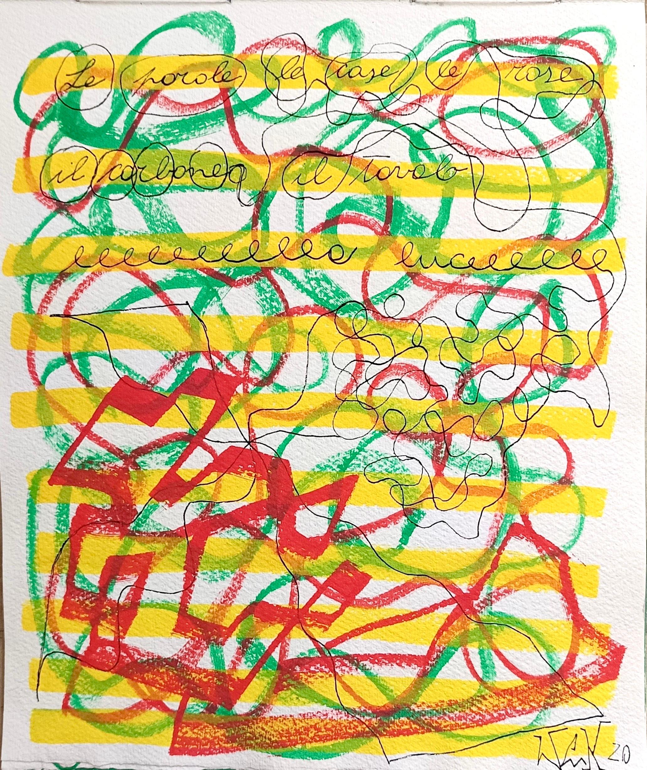 « Traces » par E. Wenk, 2020, vert, rouge et jaune, peinture acrylique et crayon, abstrait