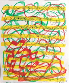 « Traces » par E. Wenk, 2020, vert, rouge et jaune, peinture acrylique et crayon, abstrait