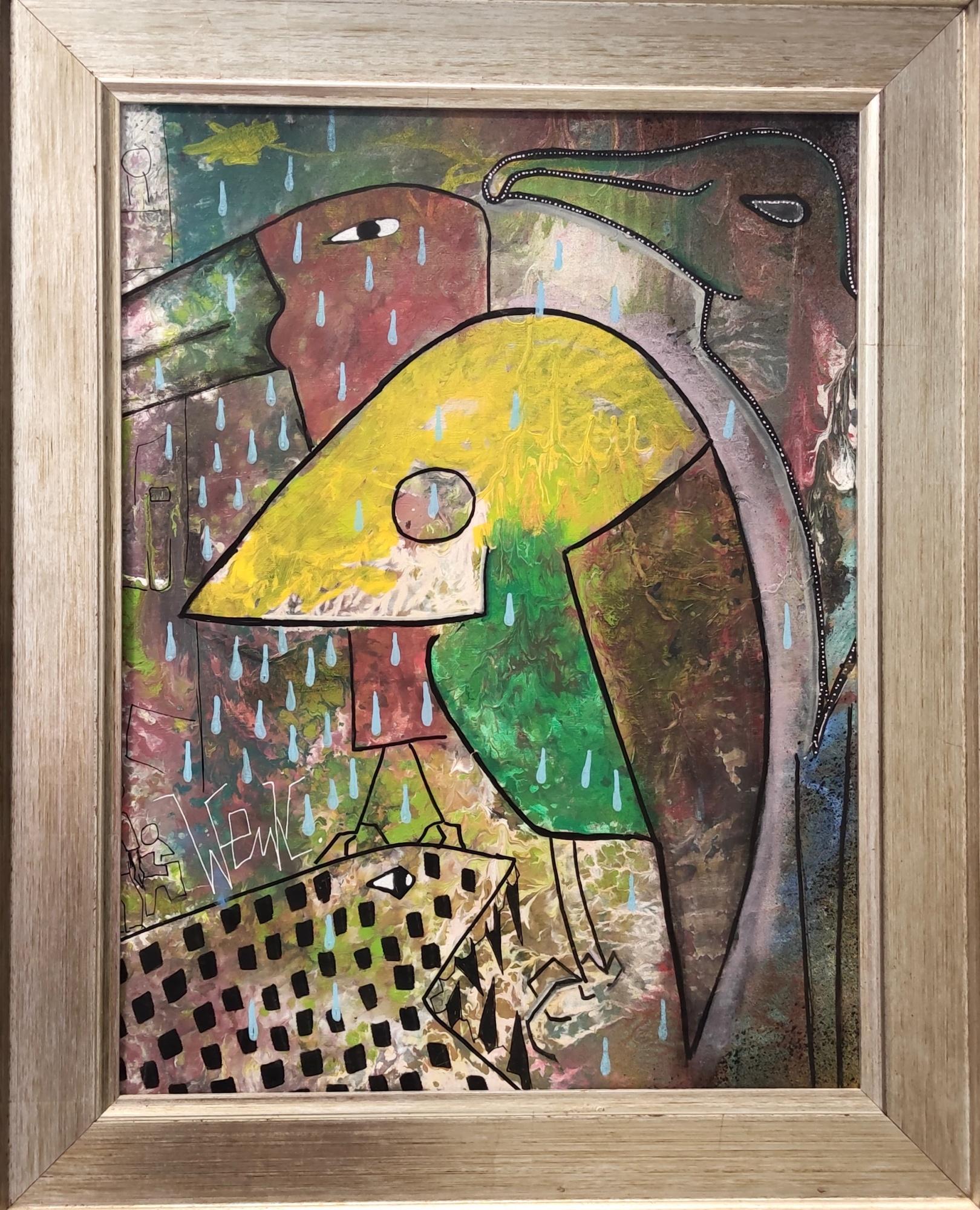 Translated title: "Tropical bird under the rain". 

Acrylic on a wooden panel. 
The frame is included.

Painting: 
44 x 58 cm 

With frame: 
57x71 cm