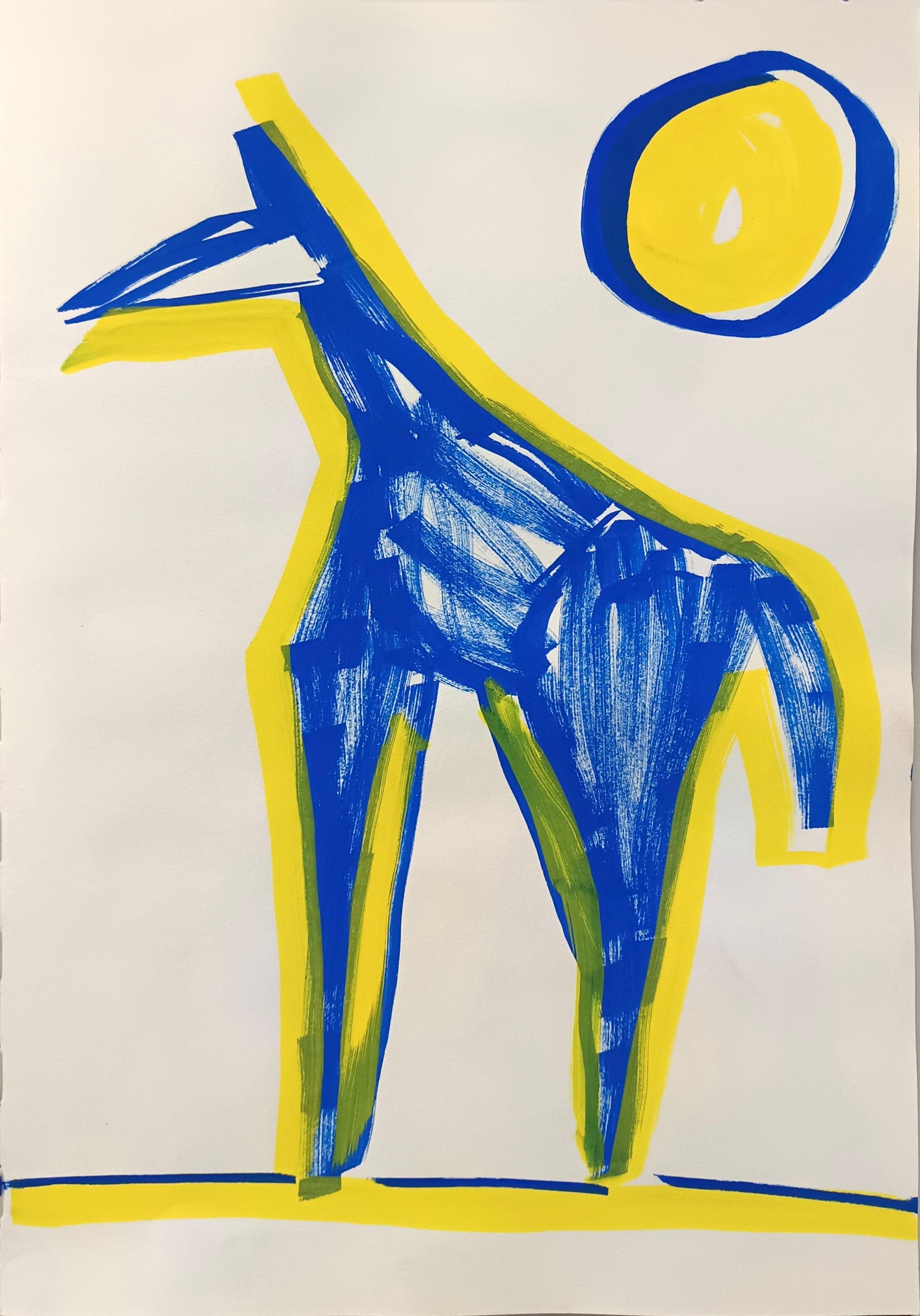Enzio Wenk Animal Painting - Untitled by E. Wenk, 2020-21 -Blue and Yellow Acrylic on Paper, NeoExpressionism