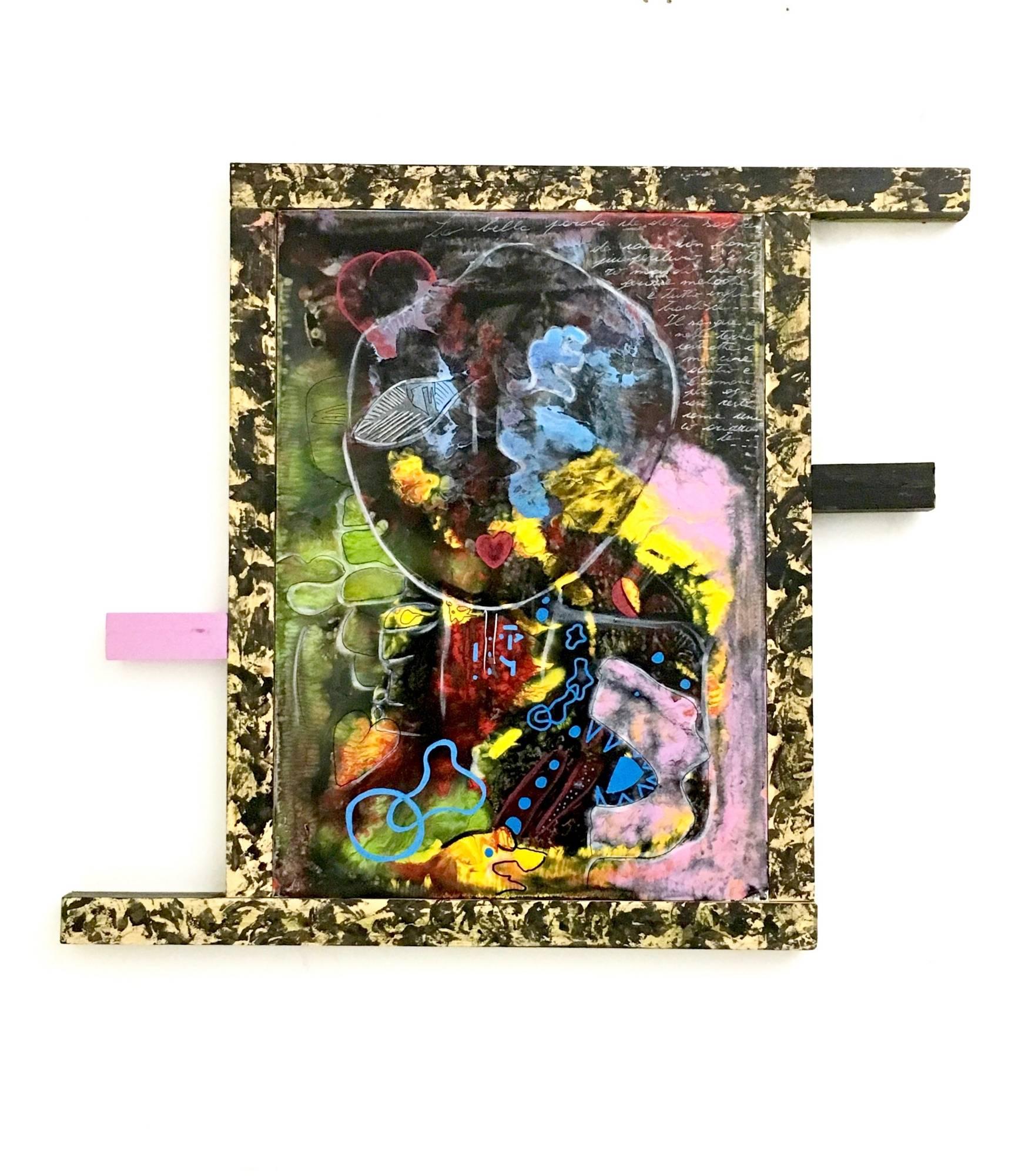 Untitled von Enzio Wenk, 2018 – Neoexpressionistisches figuratives Gemälde mit unregelmäßigem Rahmen