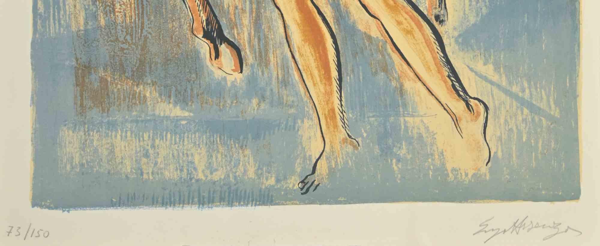 Frau mit Pferd –  Lithographie von Enzo Assenza – 1970er-Jahre im Angebot 1