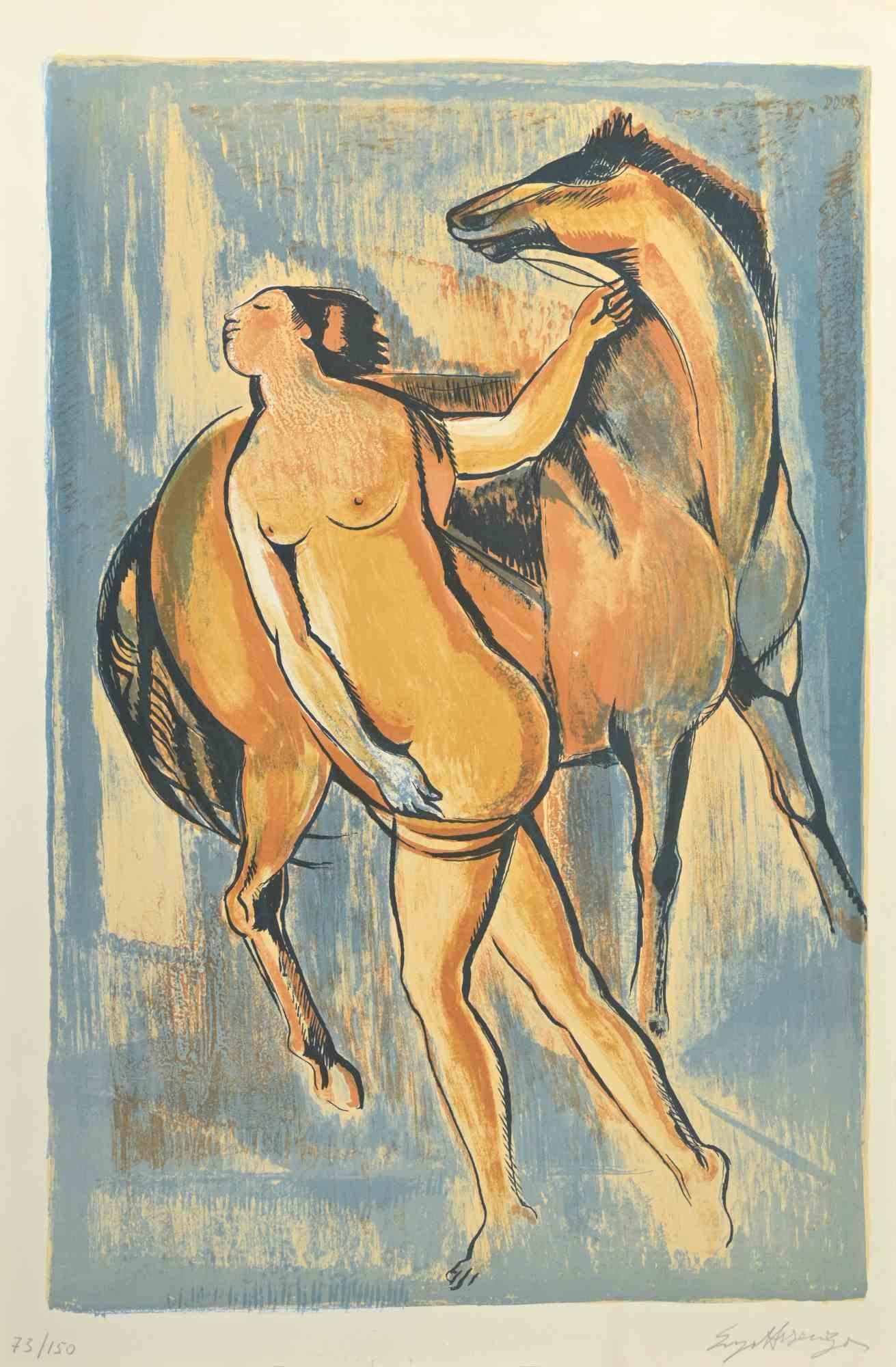 Femme avec cheval -  Lithographie d'Enzo Assenza, années 1970