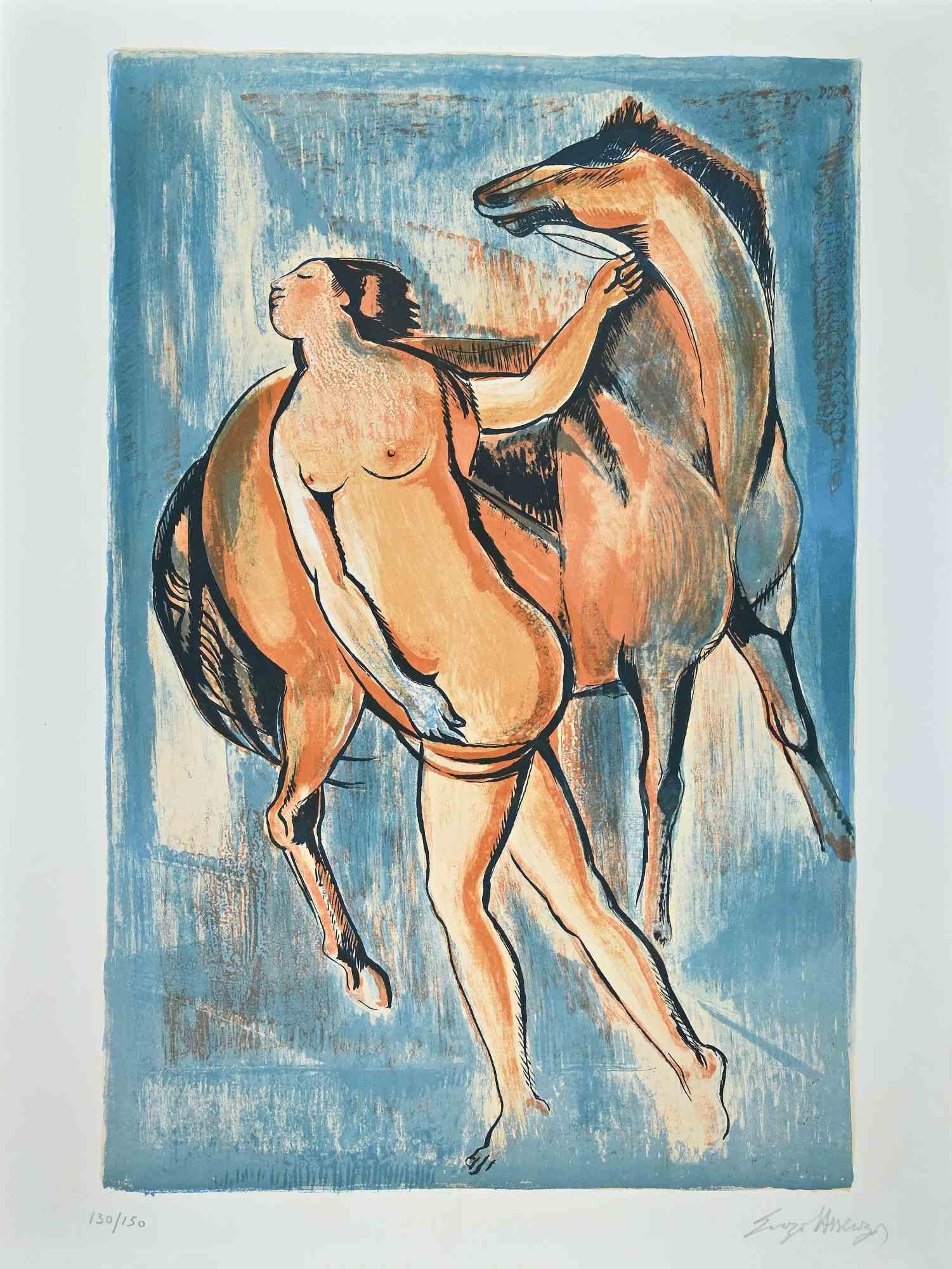 Femme avec cheval - eau-forte originale d'Enzo Assenza - 1970