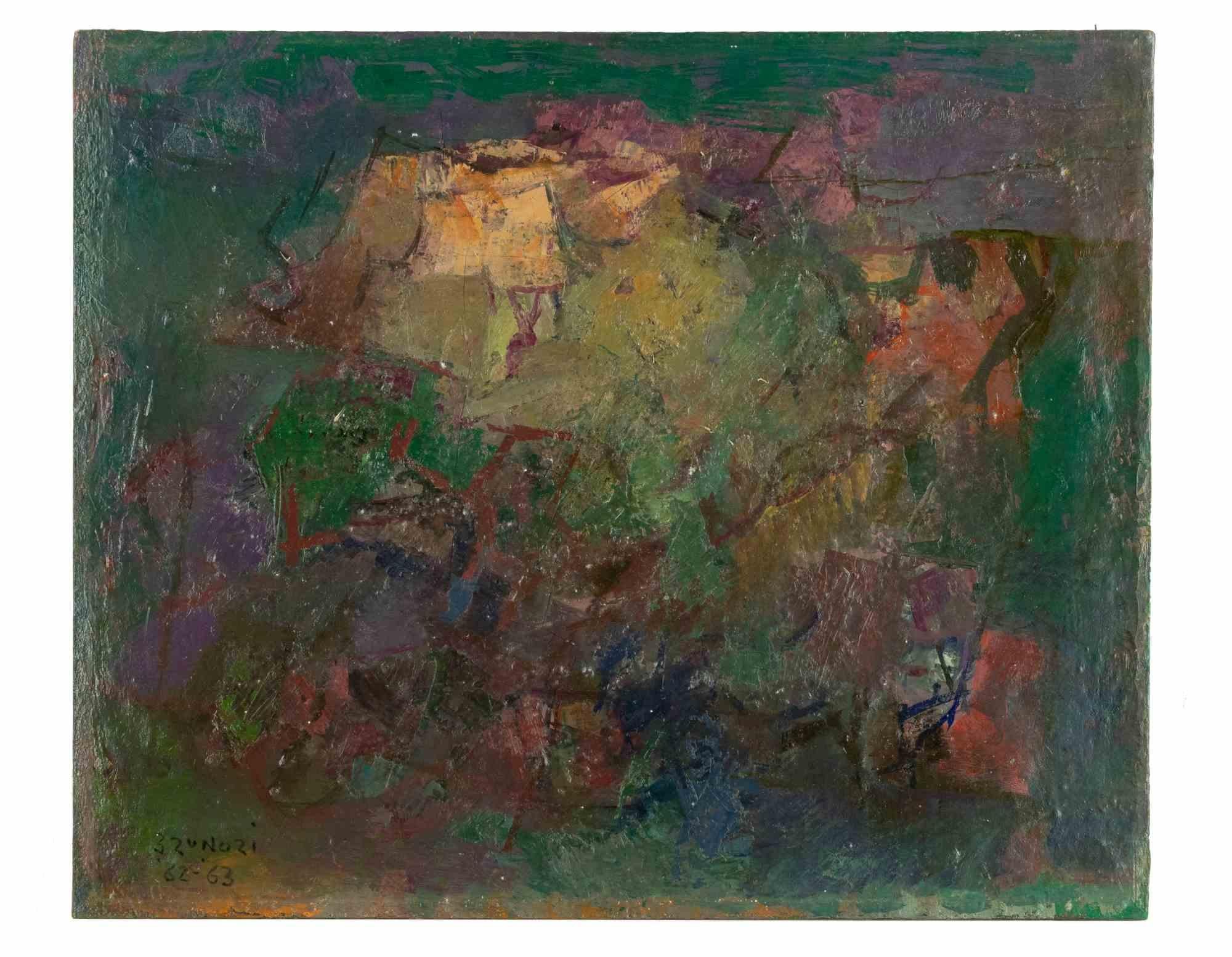 Abstract Landscape is an original modern artwork realized by Enzo Brunori between 1962-1963.

Mixed colored oil painting.

Hand signed and dated on the lower margin.

Good conditions except for some lack of colors.