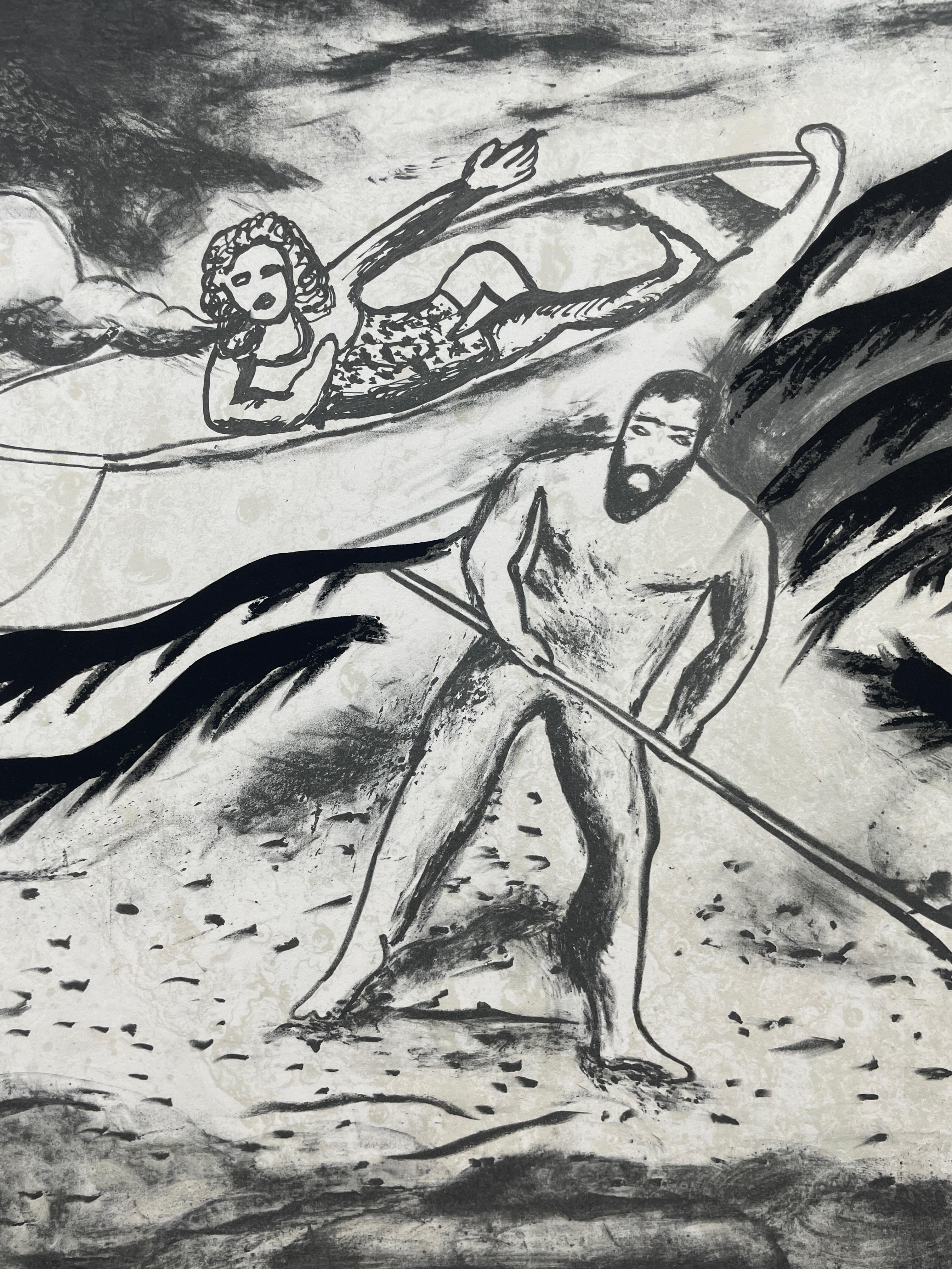 Des paysages marins fantasques et mystérieux, des animaux et des figures mythologiques se mêlent à cet ensemble expressif de lithographies en noir et blanc d'Enzo Cucchi. L'ensemble complet de cinq lithographies en couleurs, sur papier Fabriano