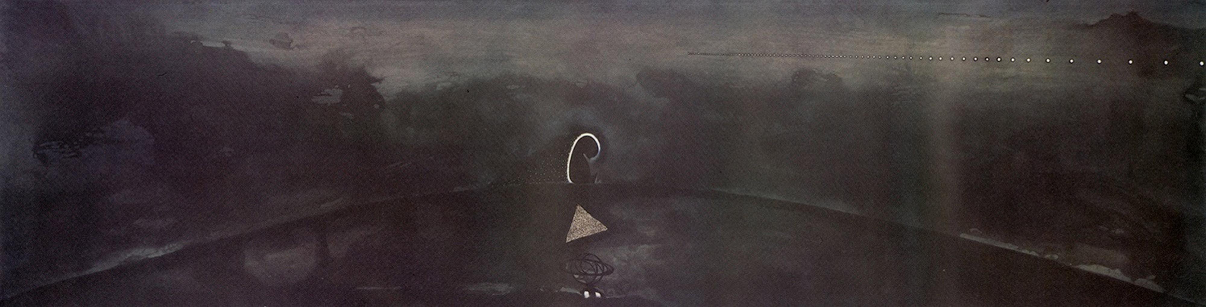 Sparire means "to disappear" in Italian. This large-scale, dreamlike print spans almost ten feet. 
Enzo Cucchi
Sparire II, 1988
Color etching, aquatint and silkscreen
30 1/2 × 118 in  77.5 × 299.7 cm
Edition of 45
