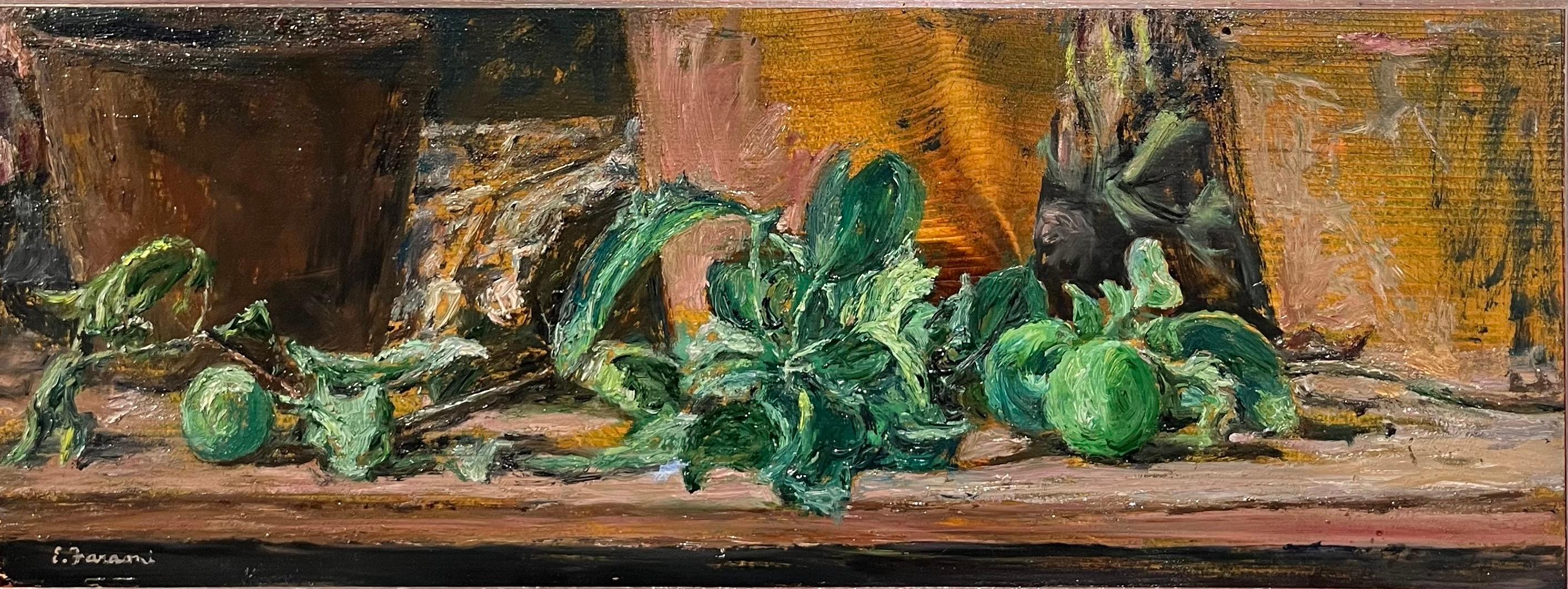 „Grüne Äpfel auf dem Tisch“ Öl auf Holz cm. 63 x 25 1970 – Painting von Enzo FARAONI