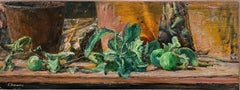 "Green apples on the table" Oil on wood cm. 63 x 25 1970