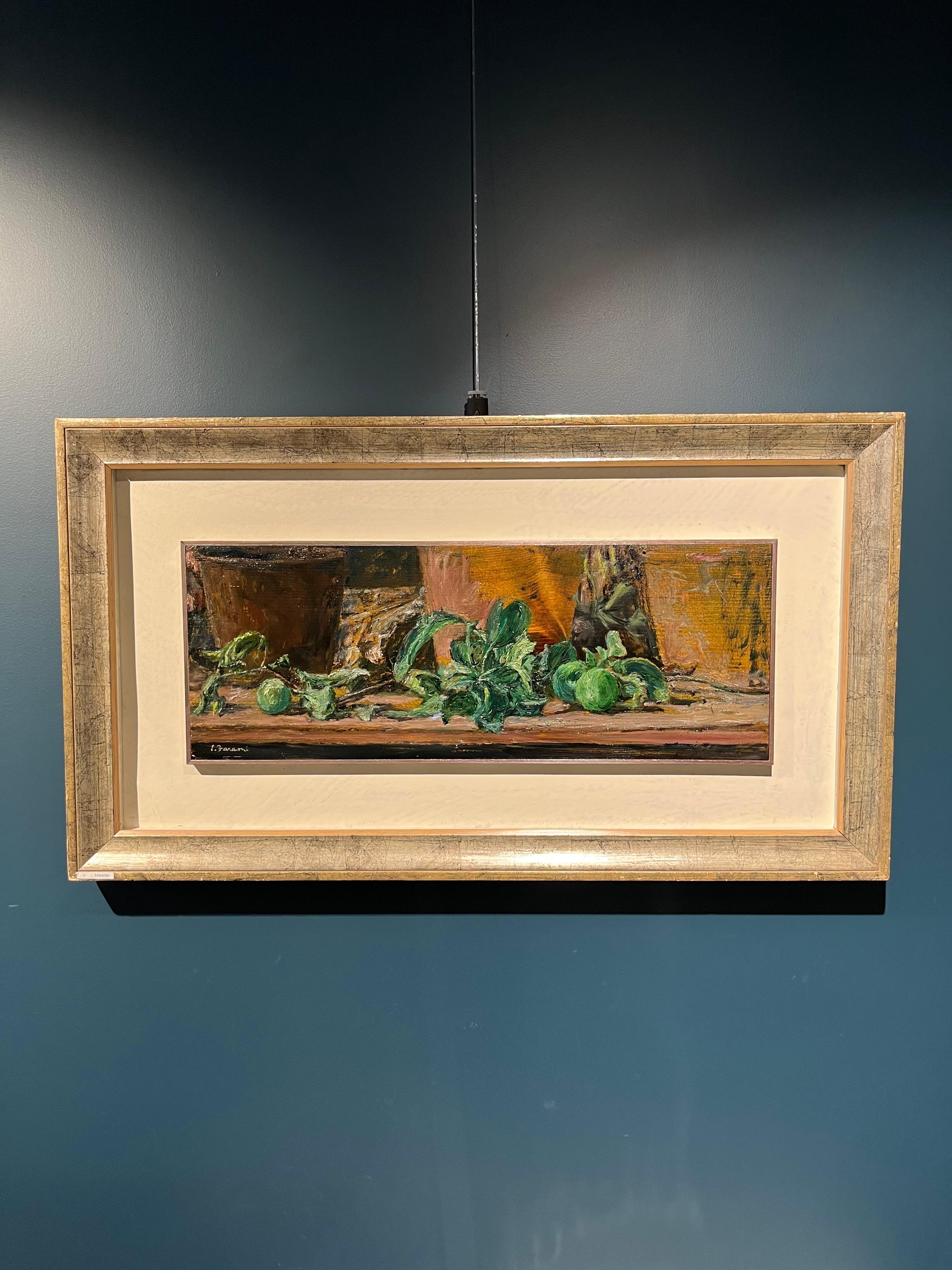 „Grüne Äpfel auf dem Tisch“ Öl auf Holz cm. 63 x 25 1970 (Expressionismus), Painting, von Enzo FARAONI