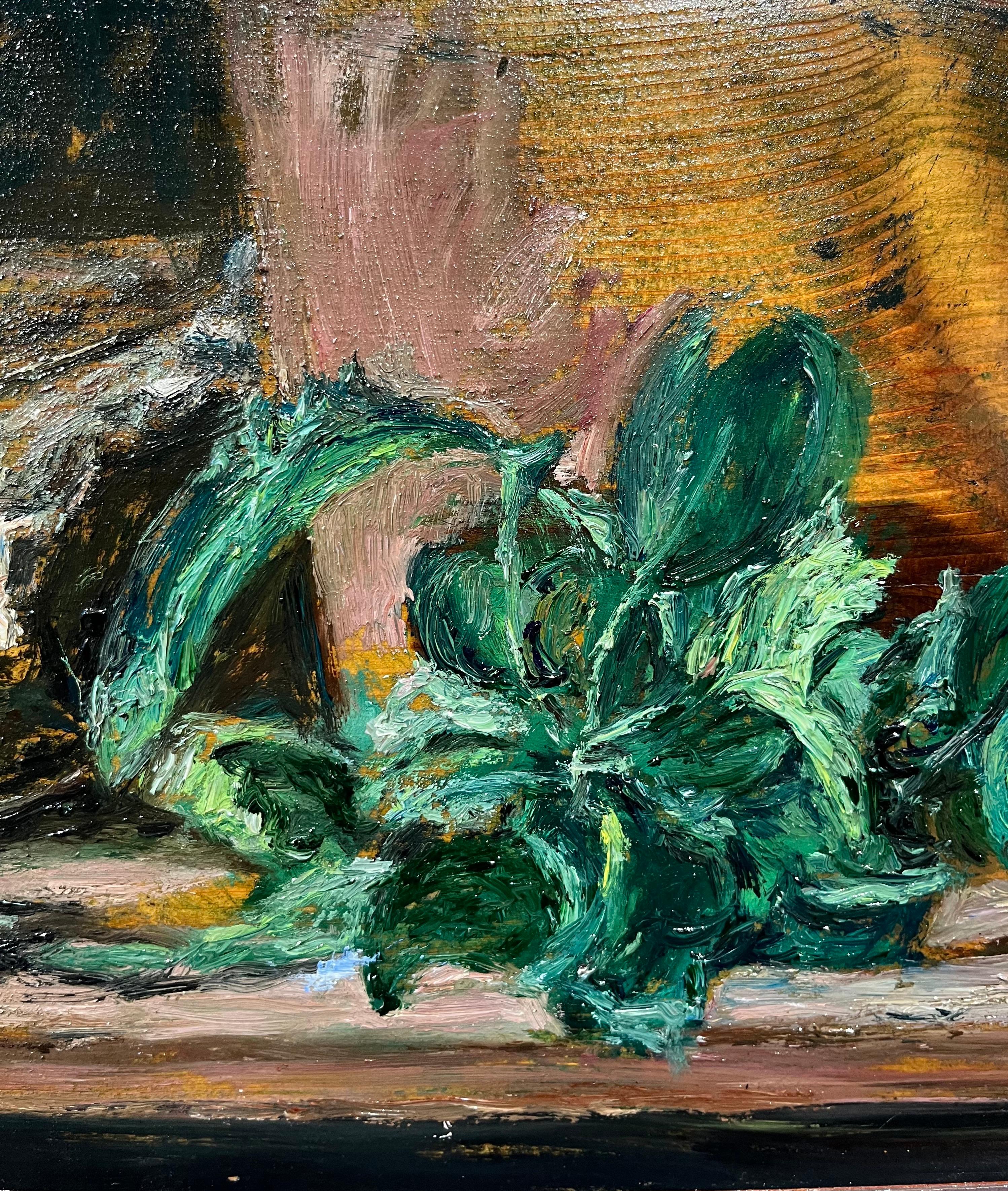 „Grüne Äpfel auf dem Tisch“ Öl auf Holz cm. 63 x 25 1970 im Angebot 1