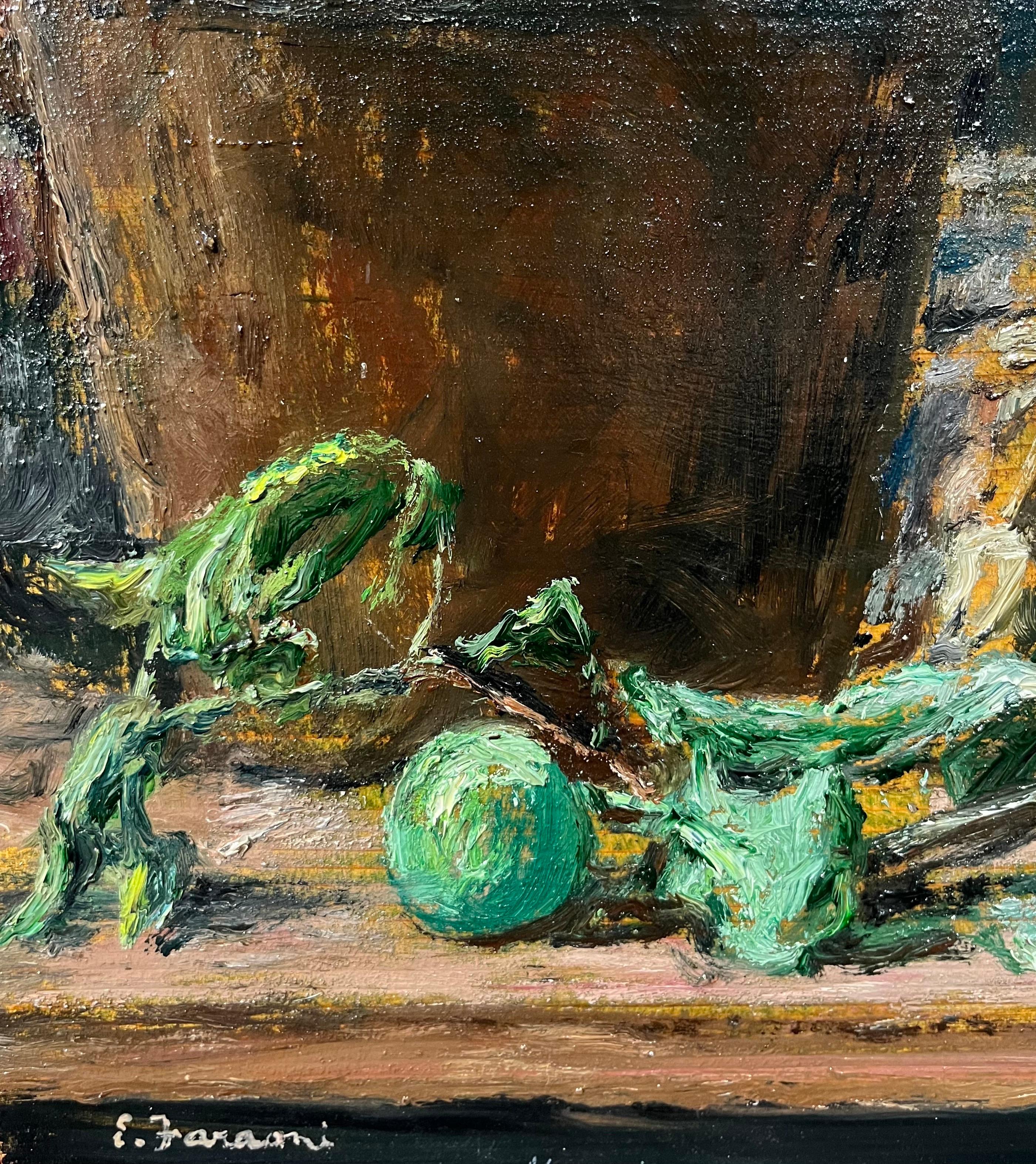 „Grüne Äpfel auf dem Tisch“ Öl auf Holz cm. 63 x 25 1970 im Angebot 2