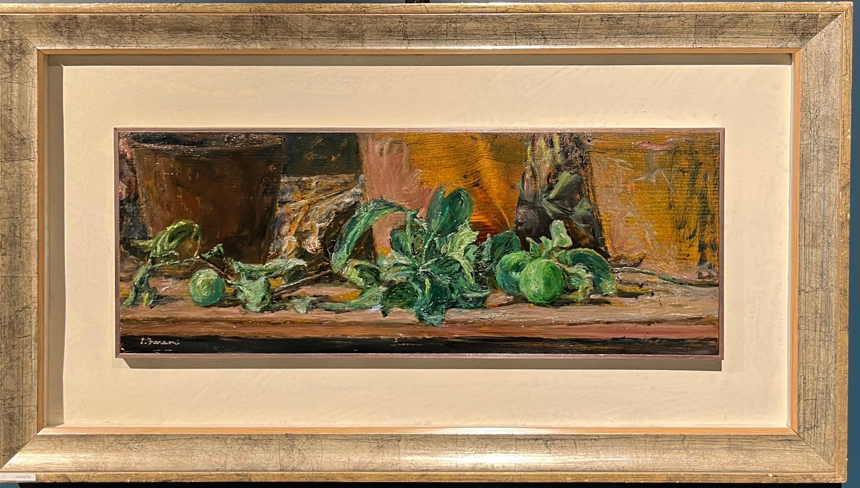 Enzo FARAONI Figurative Painting – „Grüne Äpfel auf dem Tisch“ Öl auf Holz cm. 63 x 25 1970