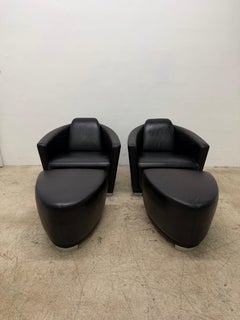 Enzo Luca Art Deco Revival Leather Lounge Chairs and Footrests, 1990s - a Pair