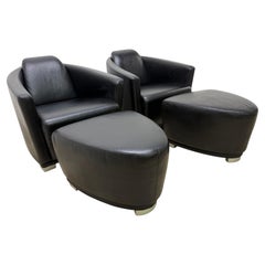 Enzo Luca Art Deco Revival Leather Lounge Chairs and Footrests, 1990s - a Pair