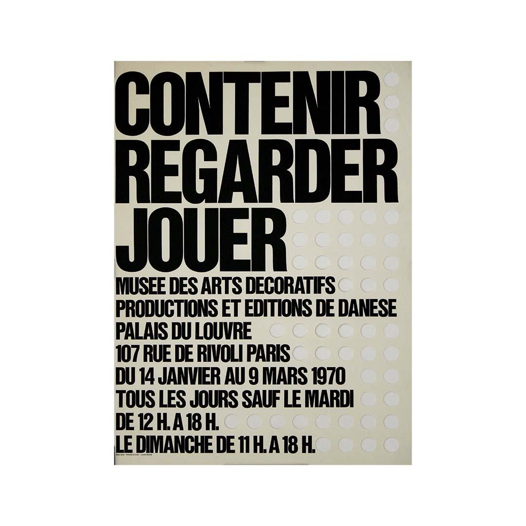 1970 original exhibition poster by Enzo Mari Contenir Regarder Jouer For Sale 1