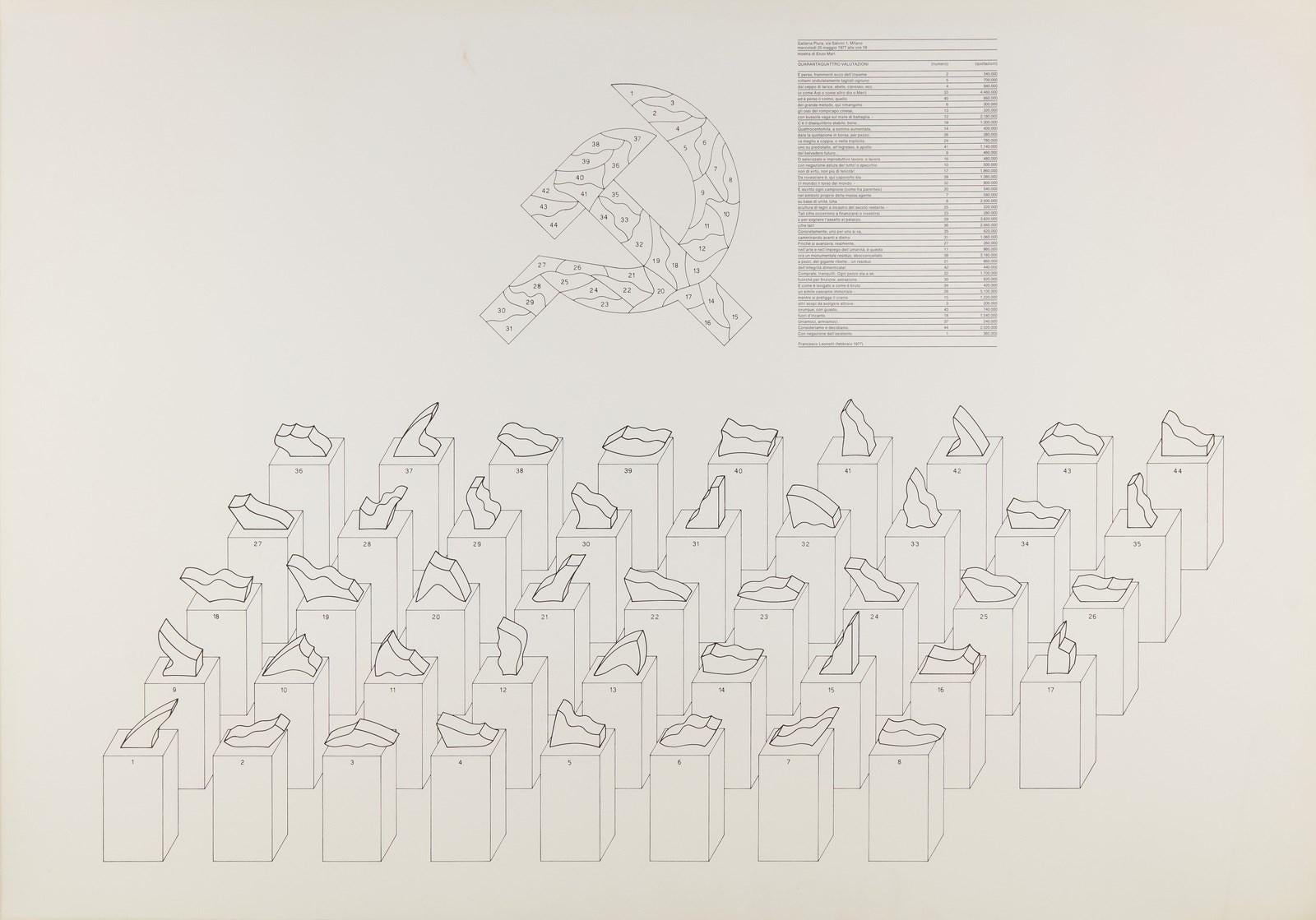 Enzo Mari Abstract Print - 44 valutazioni, 1977, Litografia, Design, Politica