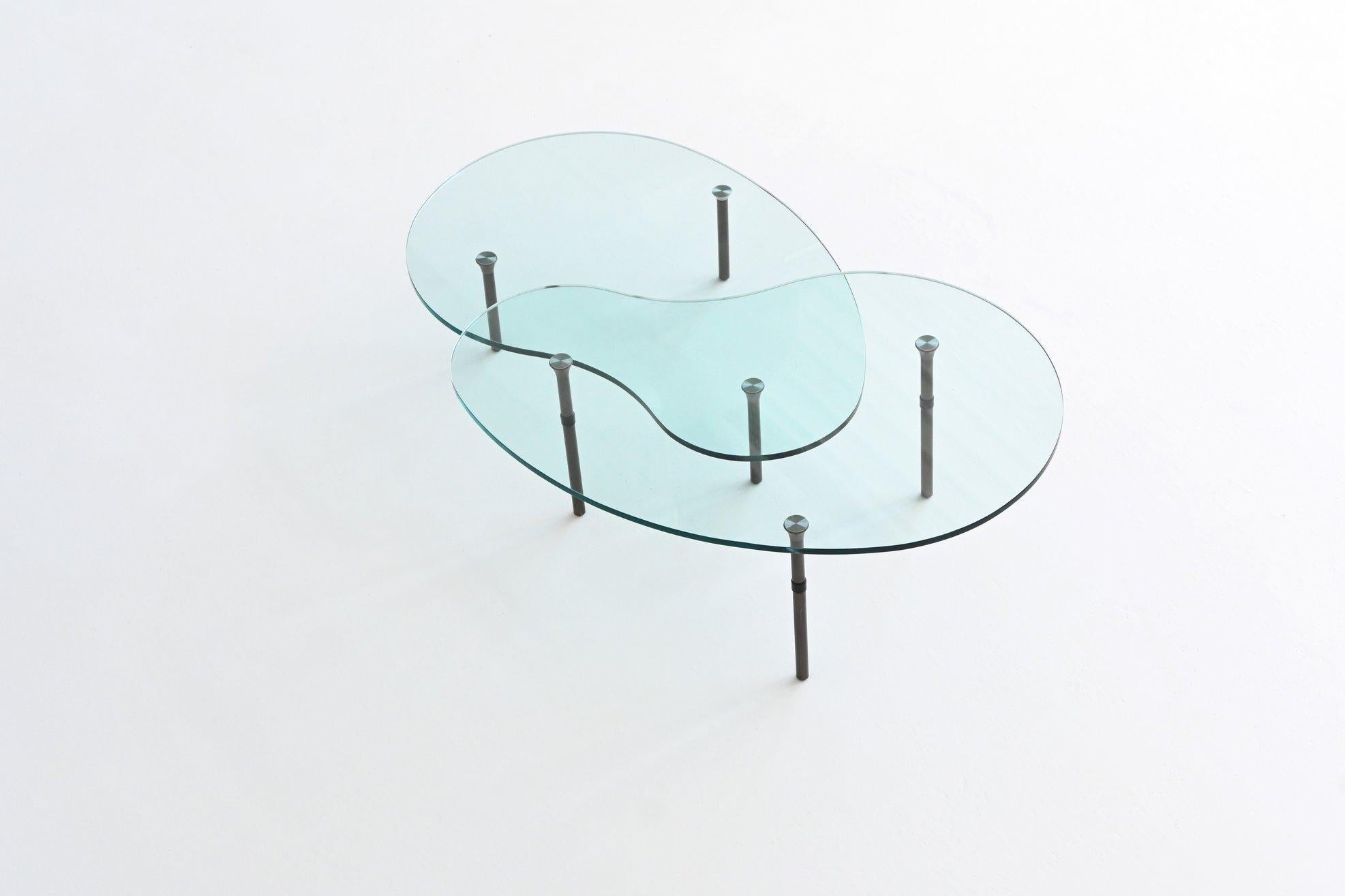 Metal Enzo Mari “Ambo” pair of coffee tables glass Zanotta Italy 1987