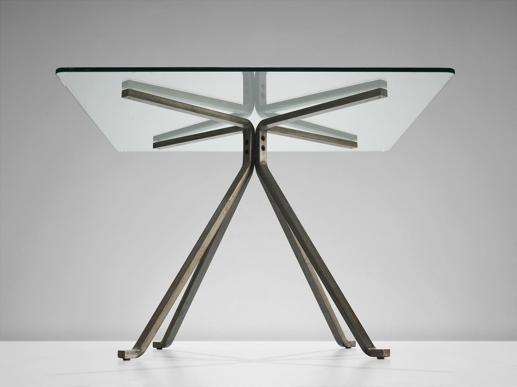 Enzo Mari für Driade: Tisch „Cugino“ aus Glas und gebürstetem Stahl  (Moderne der Mitte des Jahrhunderts) im Angebot