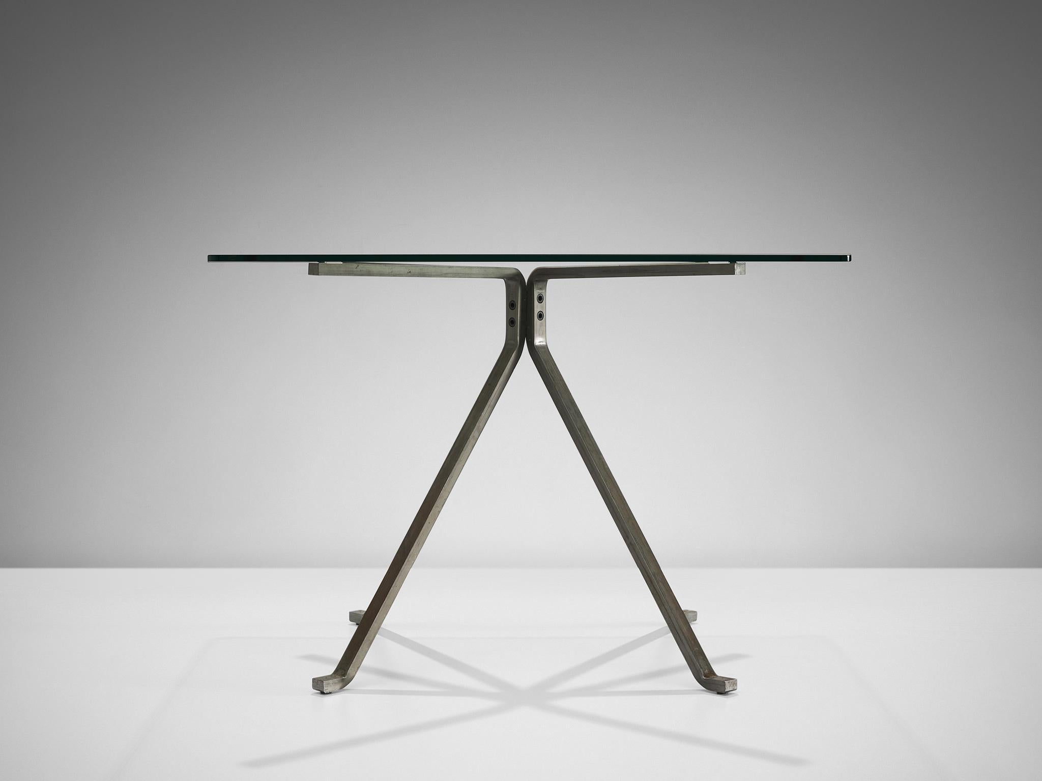 Enzo Mari für Driade: Tisch „Cugino“ aus Glas und gebürstetem Stahl  (Ende des 20. Jahrhunderts) im Angebot