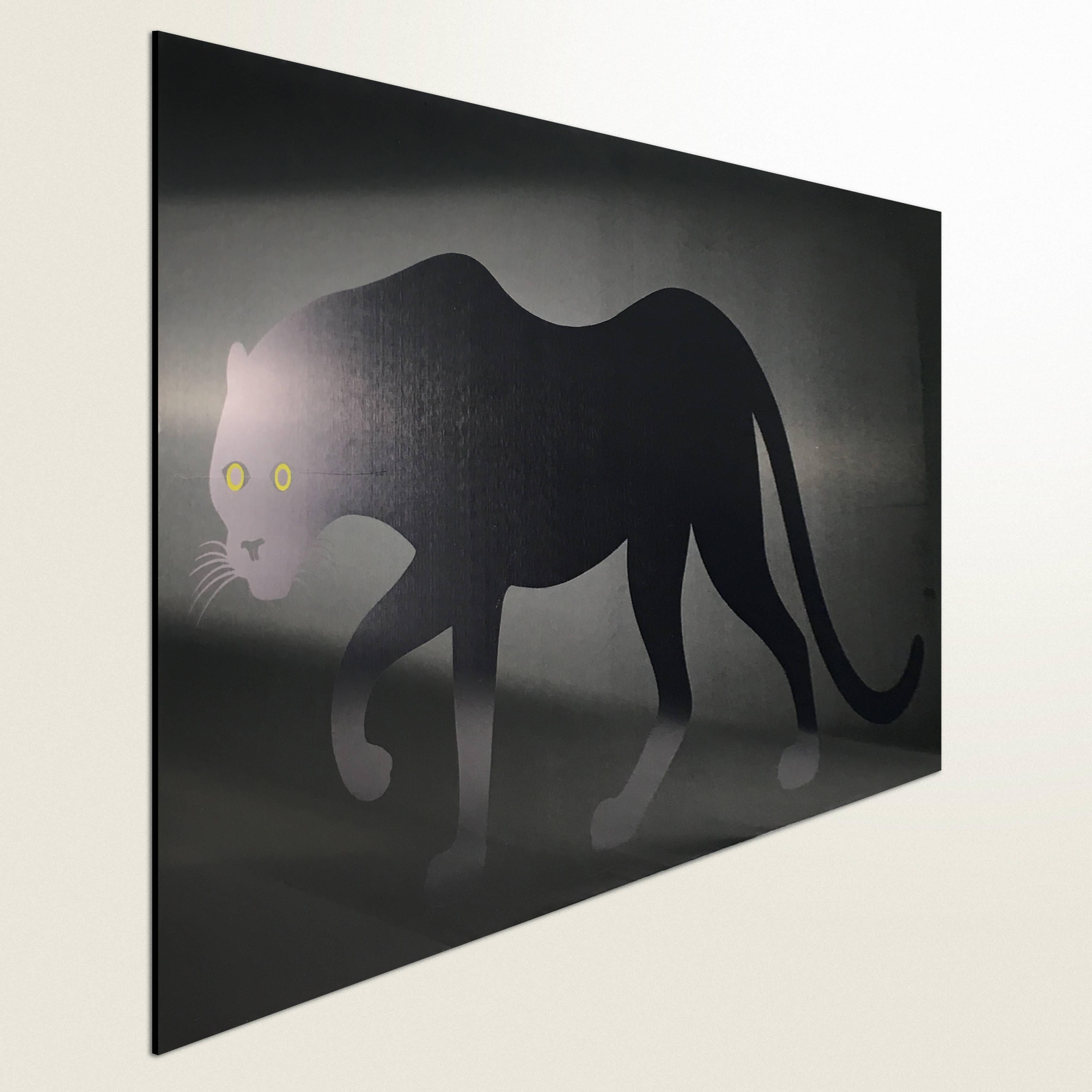 Black plastic poster with silk printed black panther. The print was designed in 1960s by Enzo Mari as a part of the 