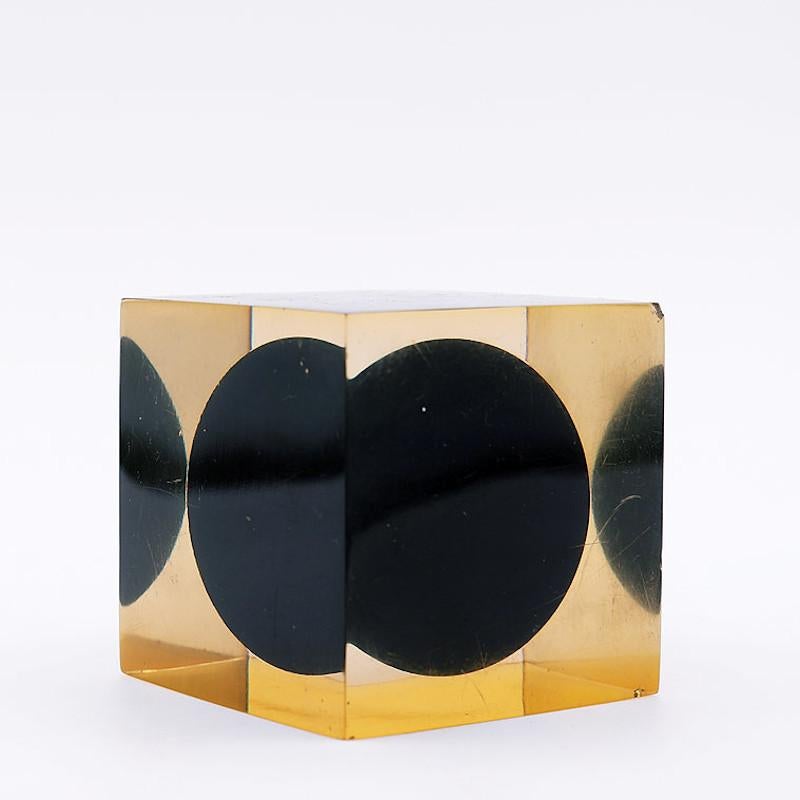 Italian Enzo Mari, Rare Cube Resin with Black Ball Sphere, Sculpture/Paperweight