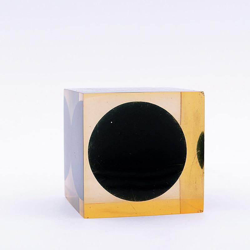 Mid-20th Century Enzo Mari, Rare Cube Resin with Black Ball Sphere, Sculpture/Paperweight