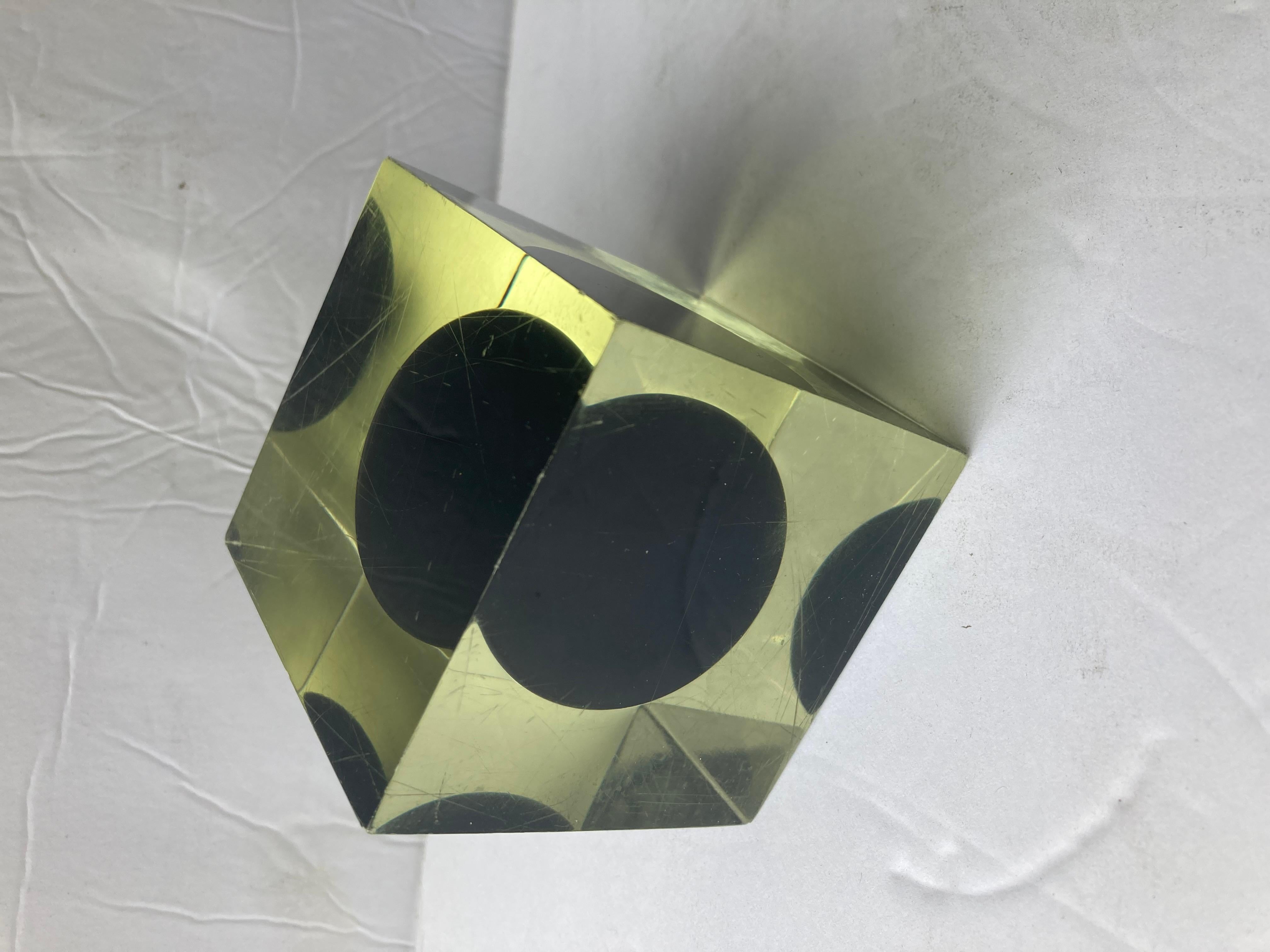 Italian Enzo Mari, Rare Cube Resin with Black Ball Sphere, Sculpture/Paperweight For Sale