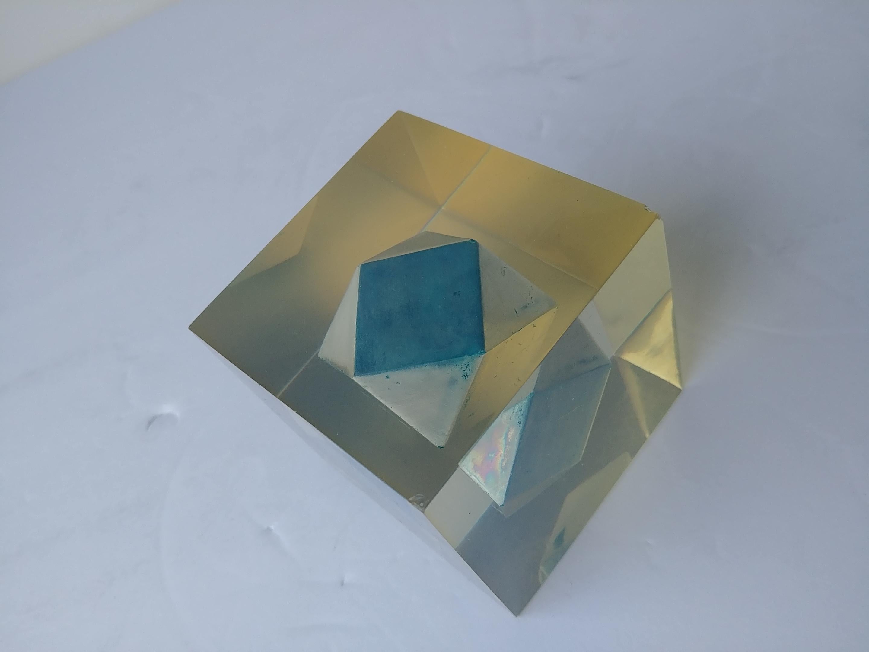 Modern Enzo Mari, Rare Resin Cube, Sculpture, Paperweight, with Polyhedral Inside For Sale