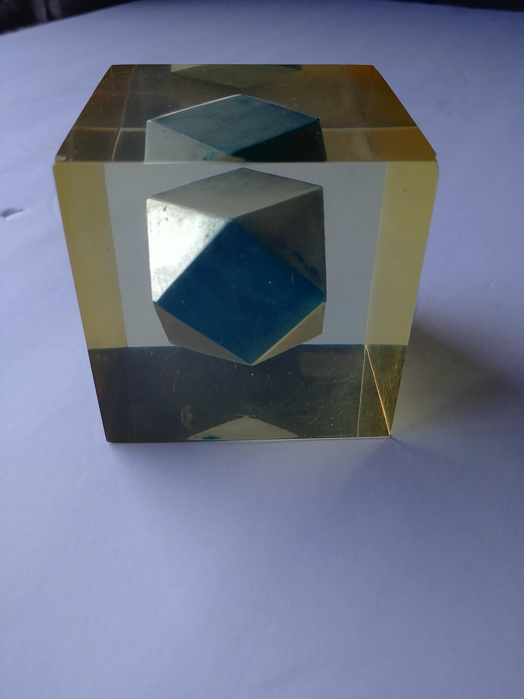 Italian Enzo Mari, Rare Resin Cube, Sculpture, Paperweight, with Polyhedral Inside For Sale