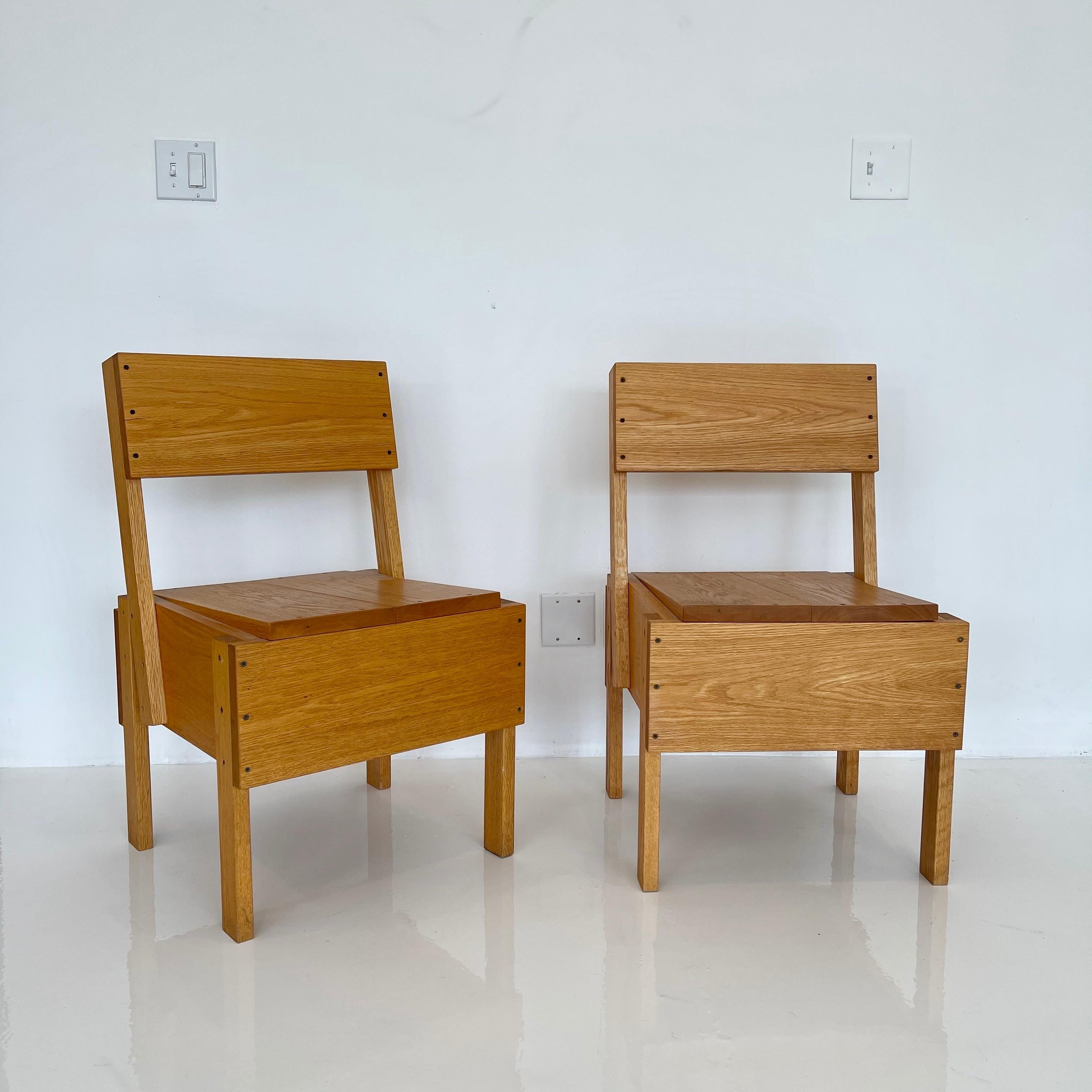 Cool set of two wood chairs by Italian designer and artist Enzo Mari. Mari offered a set of blueprints to construct these chairs with nothing but planks of wood, and a hammer and nails. His manual Autoprogettazione (translated as 