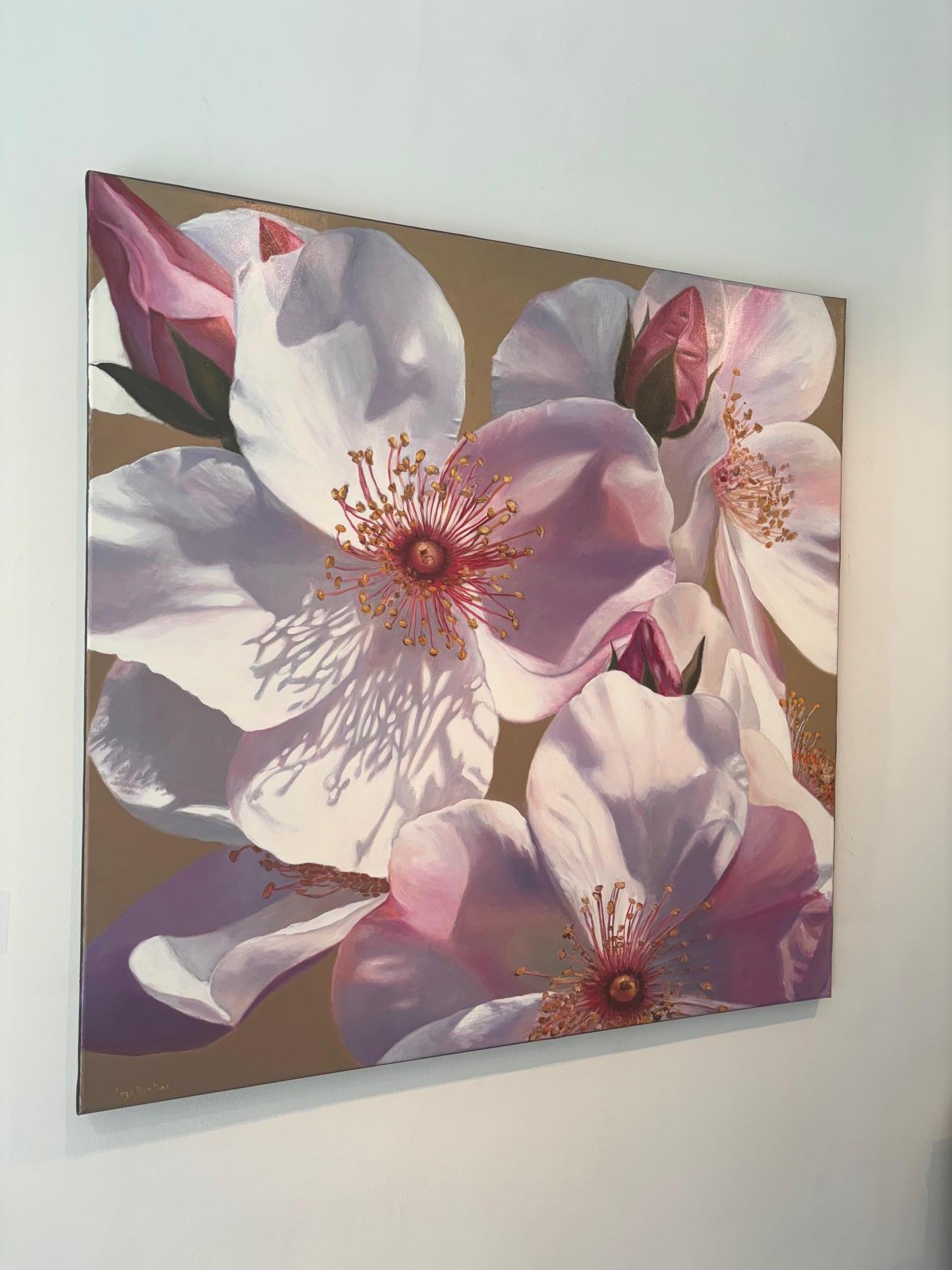 ANTIQUE ROSES - original impressionism floral oil painting - contemporary art - Gray Still-Life Painting by Enzo Montana
