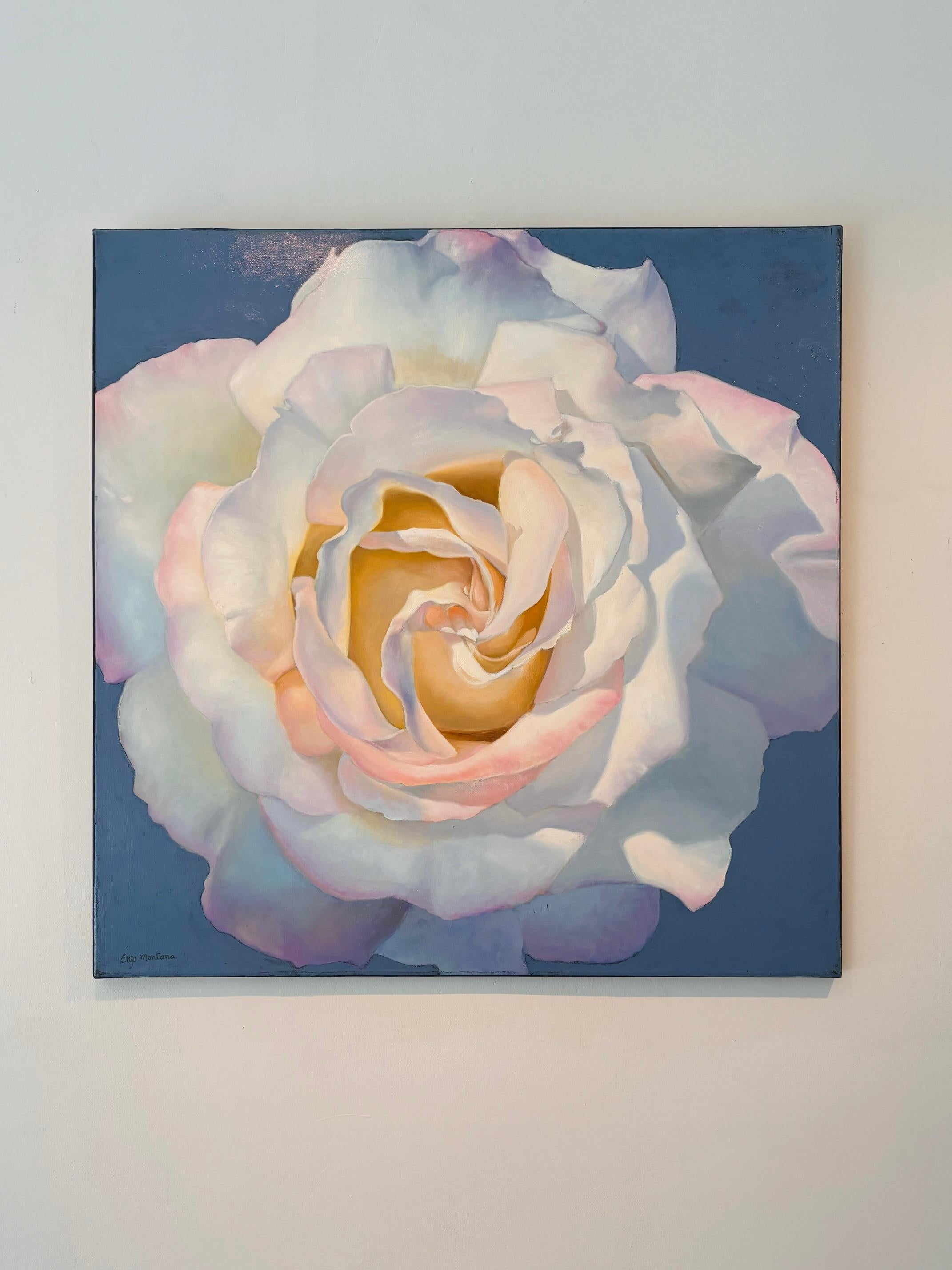 WHITE ROSE - original impressionism floral oil painting - contemporary art - Gray Still-Life Painting by Enzo Montana