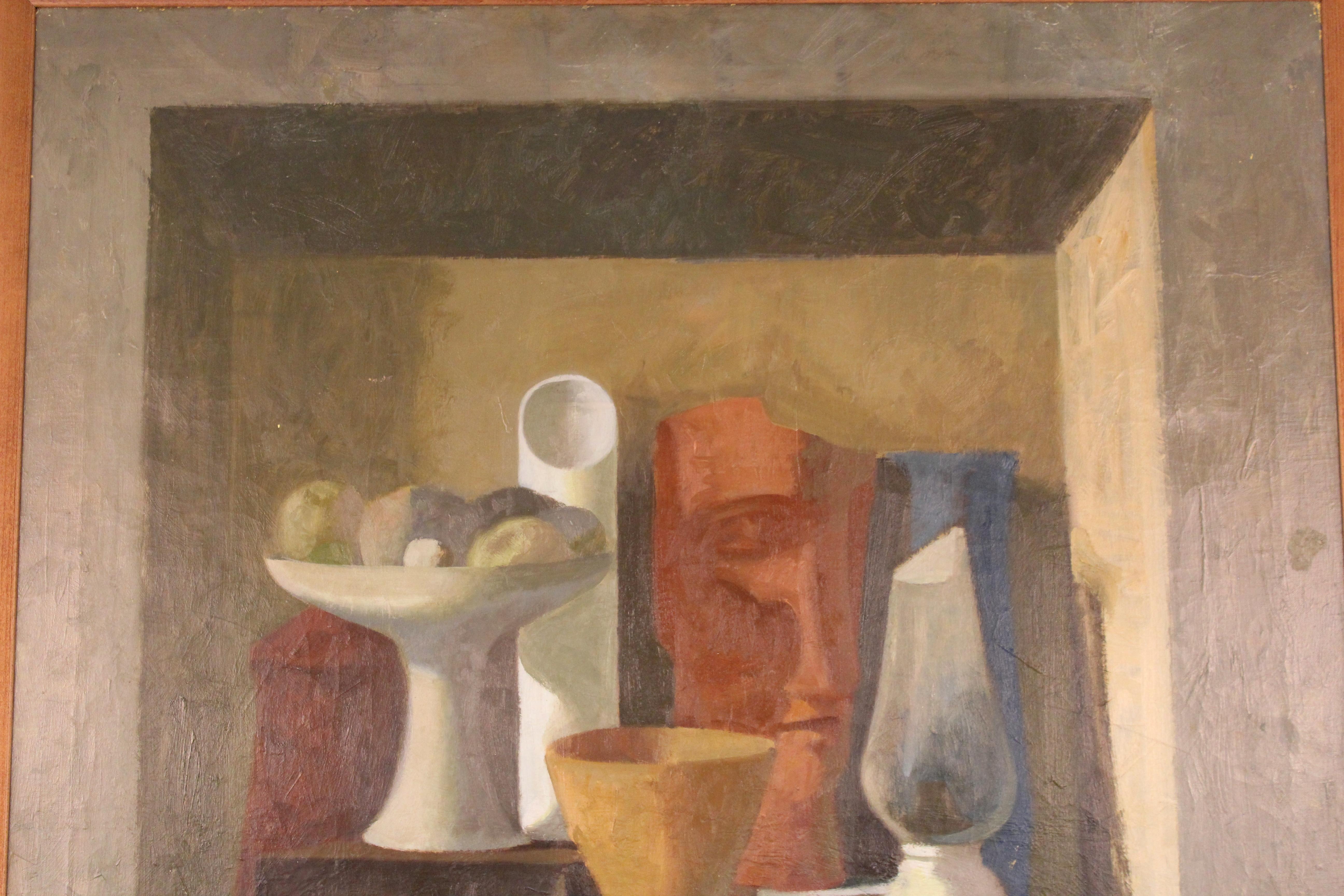 Modernist still life oil on canvas painting created by Italian-American artist Enzo Russo (Born 1936 in Florence, Italy). Russo and his twin brother Germano both received a traditional artistic education at the School of Fine Arts in Florence,