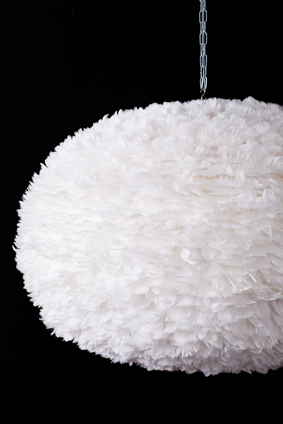 Grand goose feather pendant light chandelier by Soren Ravn Christiansen for Vita Copenhagen. features a huge floating orb covered in white goose feathers that makes a statement. Produces beautiful diffused light from its whimsical design. Includes a