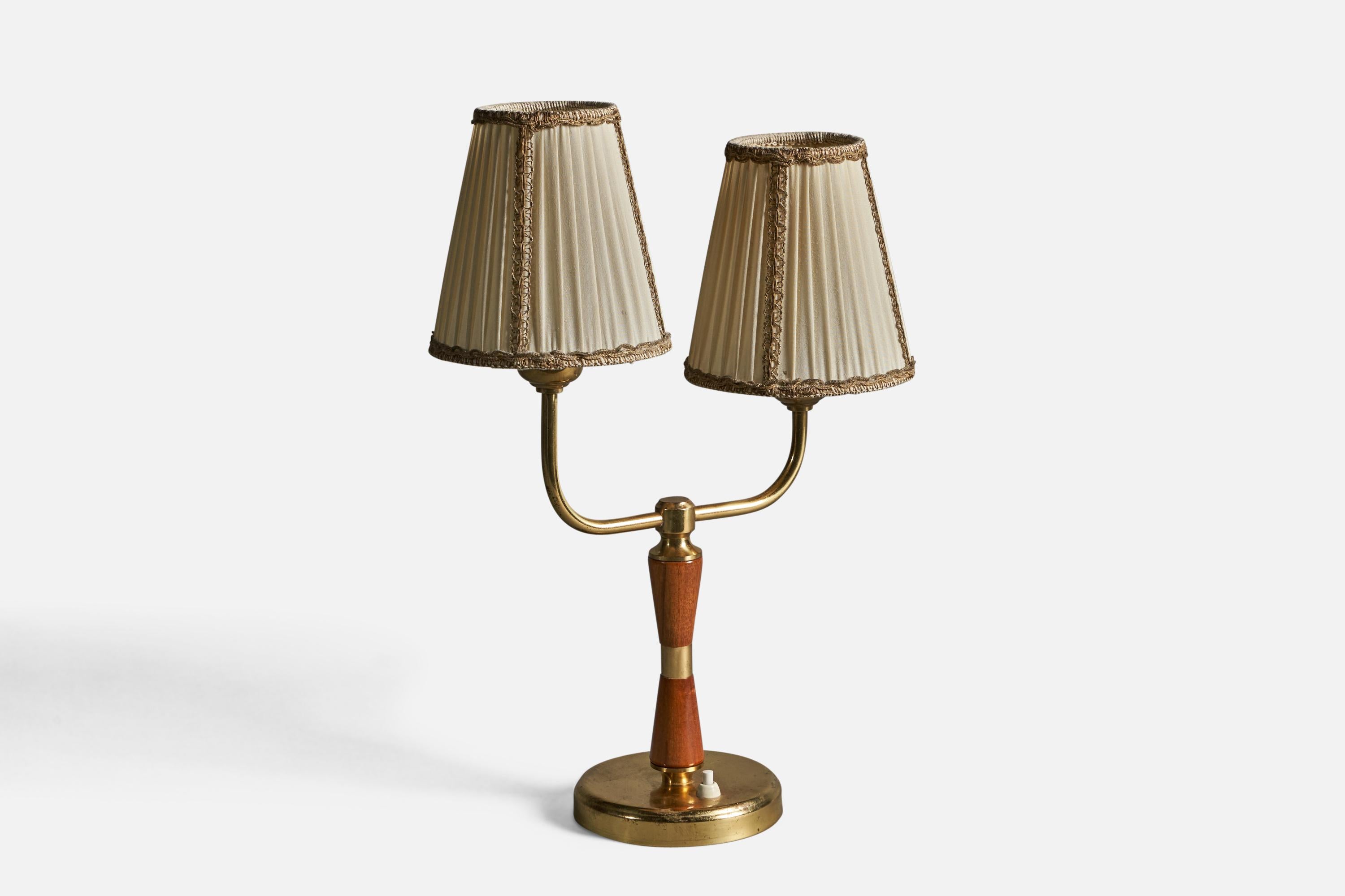 Scandinavian Modern Eos, Table Lamp, Brass, Oak, Fabric, Sweden, 1940s For Sale