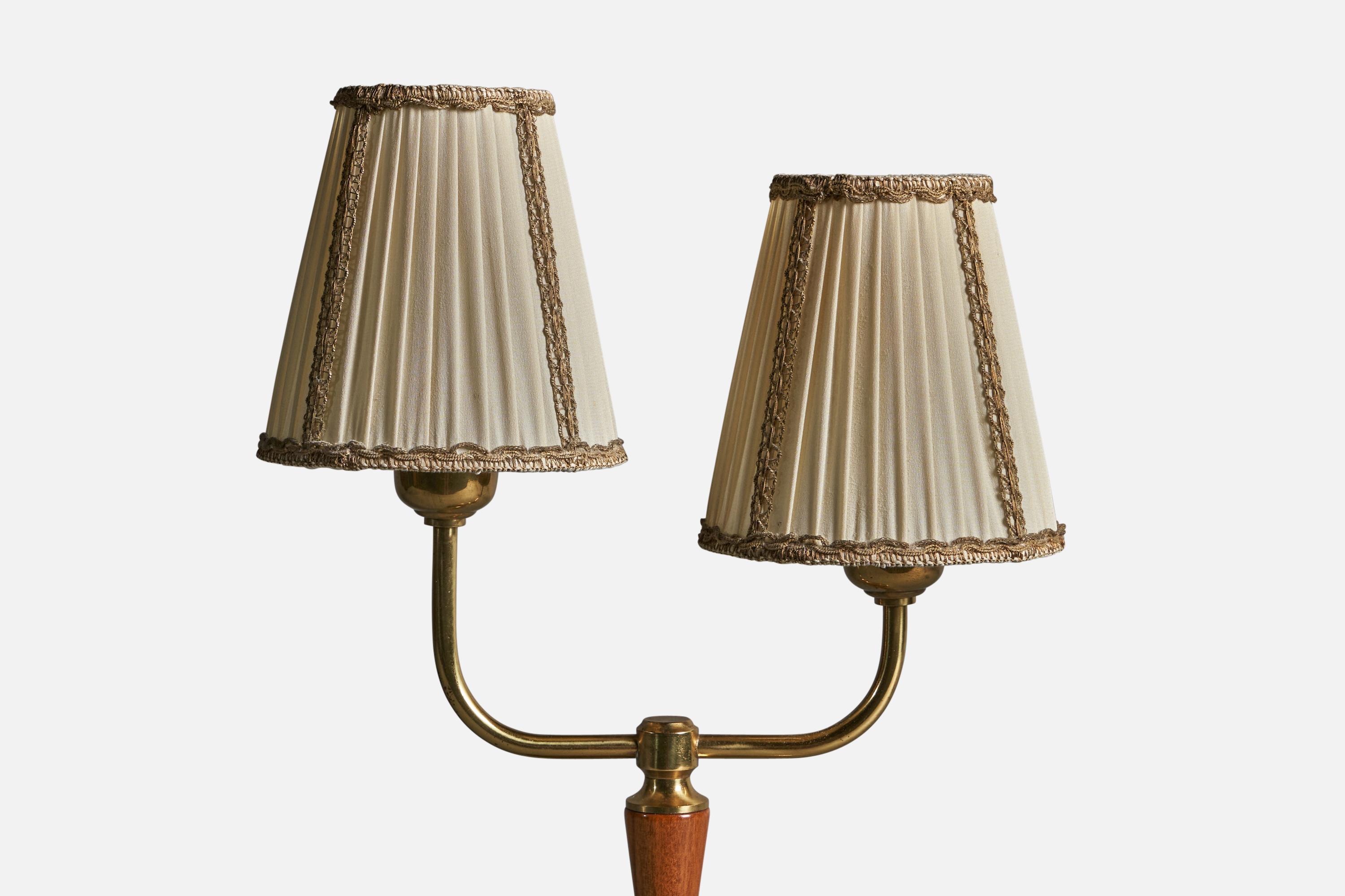 Swedish Eos, Table Lamp, Brass, Oak, Fabric, Sweden, 1940s For Sale