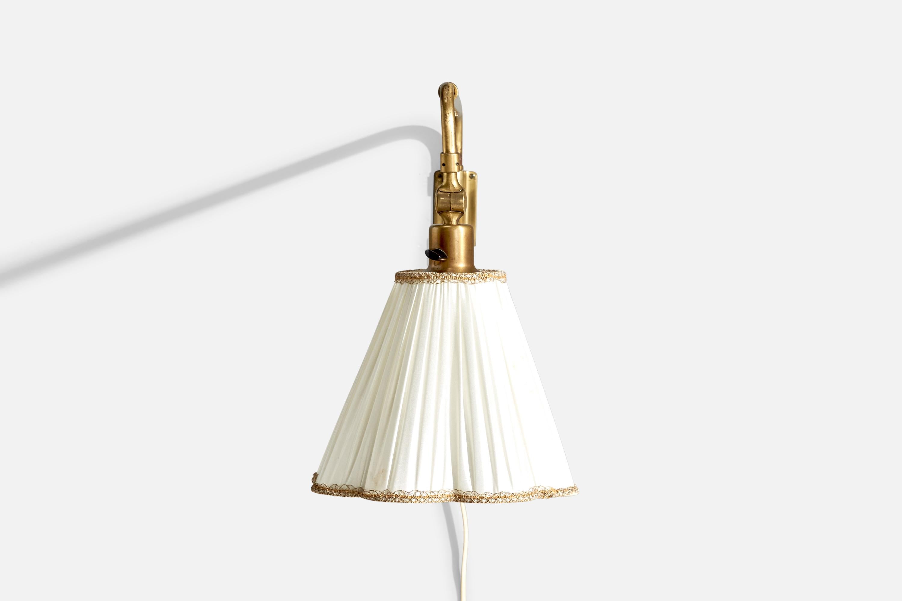 Swedish EOS, Wall Light, Brass, Fabric, Sweden, 1940s For Sale