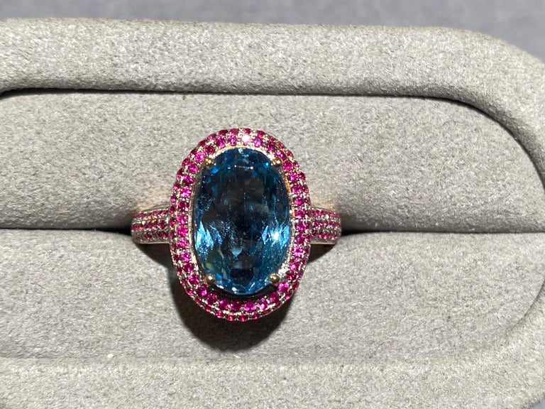 Eostre Aquamarine and Ruby Ring in 18k Rose Gold For Sale at
