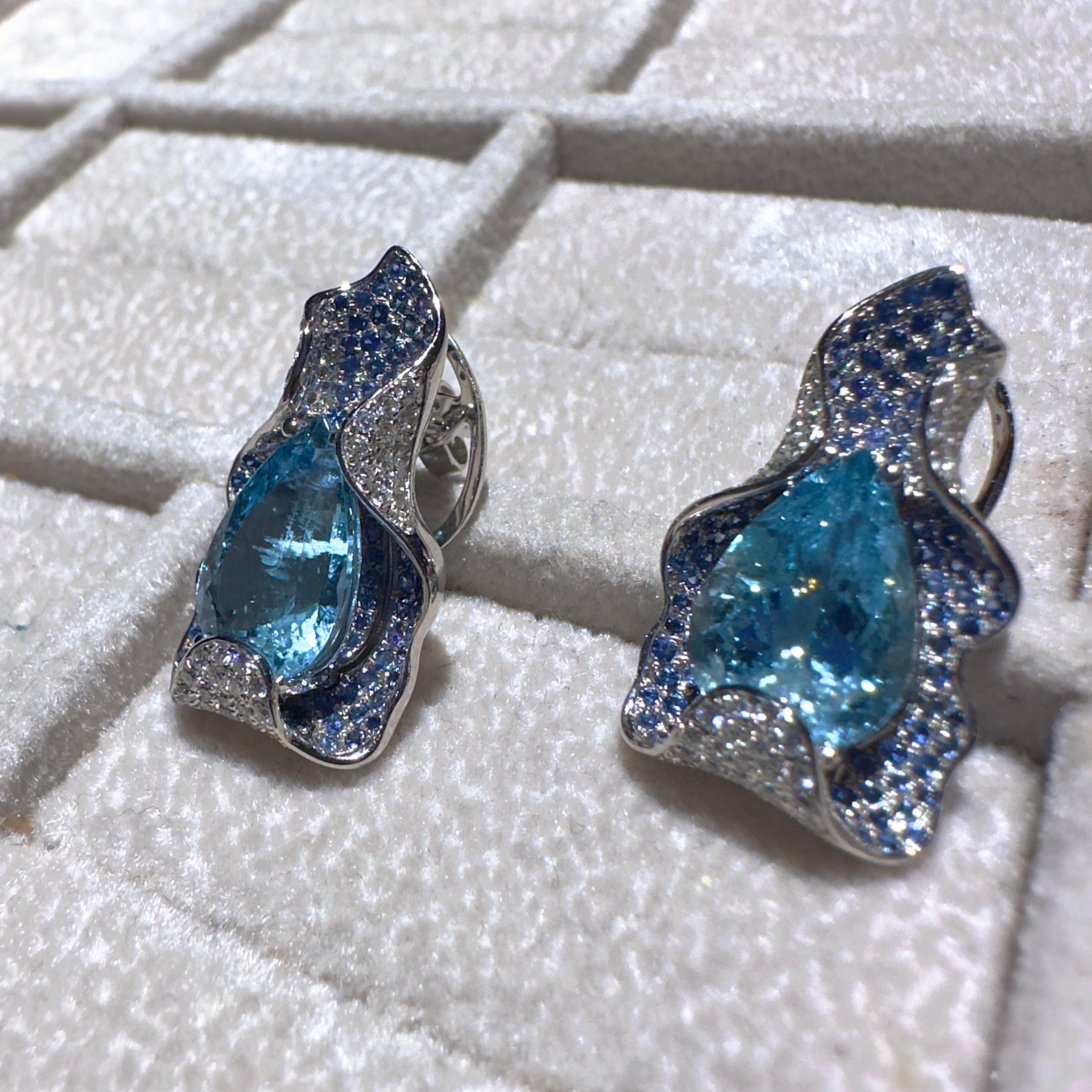 Contemporary Eostre Aquamarine Diamond and Sapphire White Gold Earring For Sale