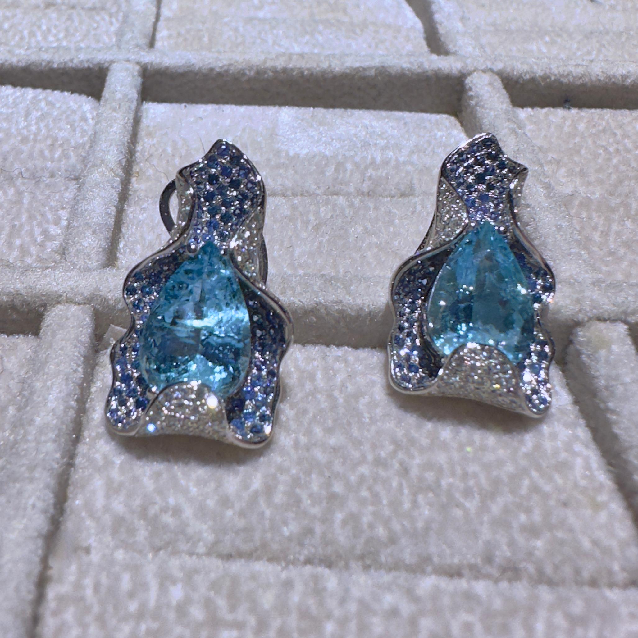 Pear Cut Eostre Aquamarine Diamond and Sapphire White Gold Earring For Sale