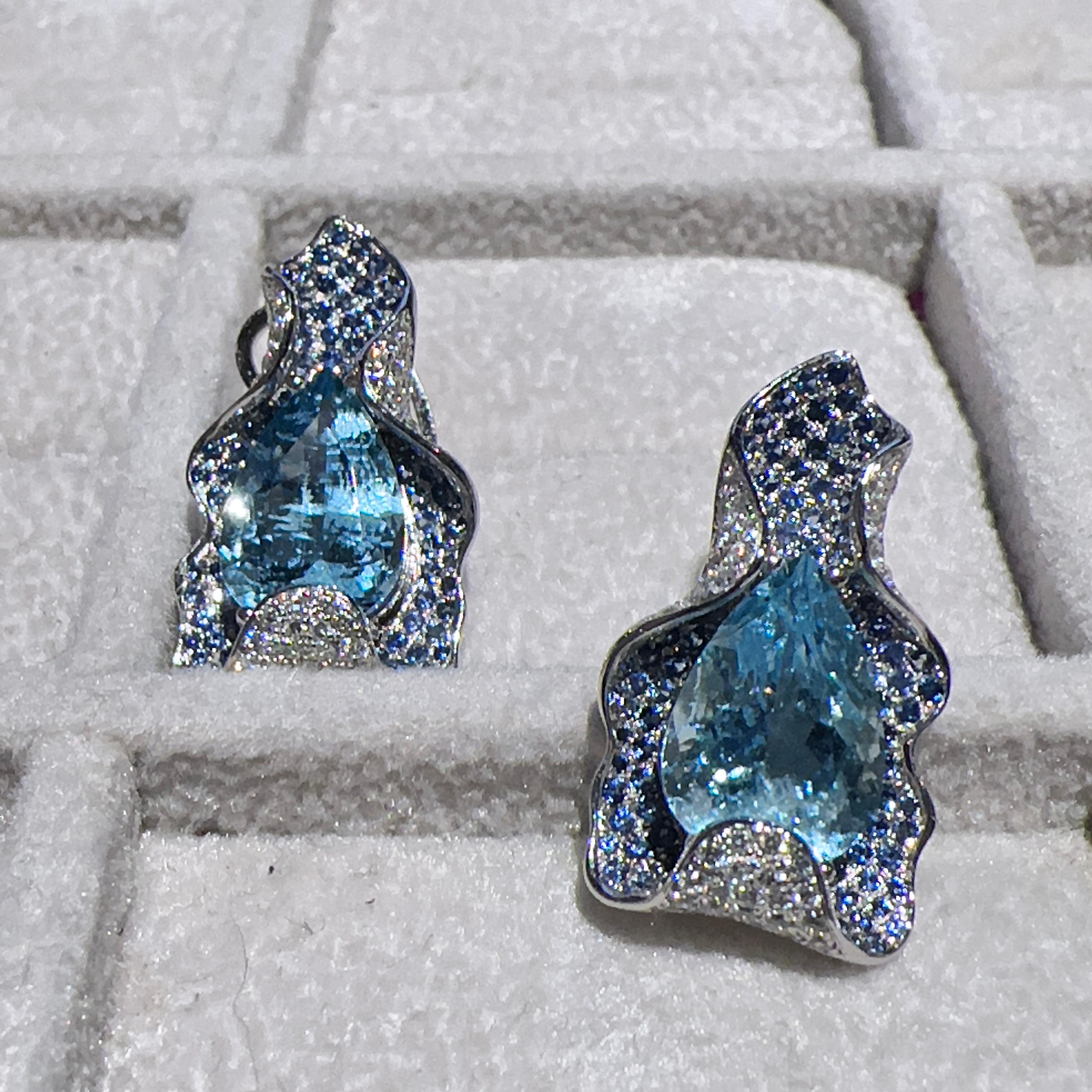 Eostre Aquamarine Diamond and Sapphire White Gold Earring In New Condition For Sale In Melbourne, AU