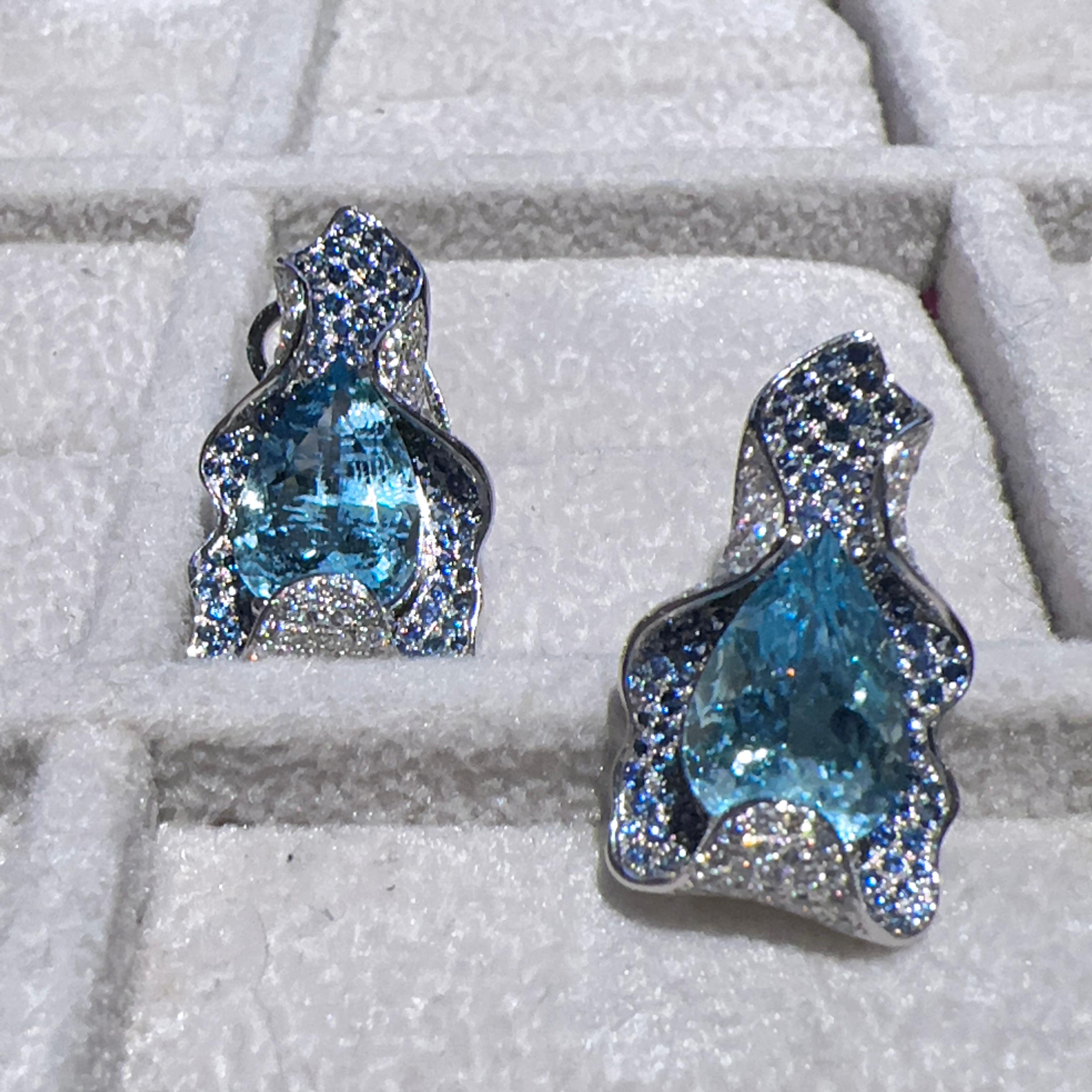 Women's Eostre Aquamarine Diamond and Sapphire White Gold Earring For Sale