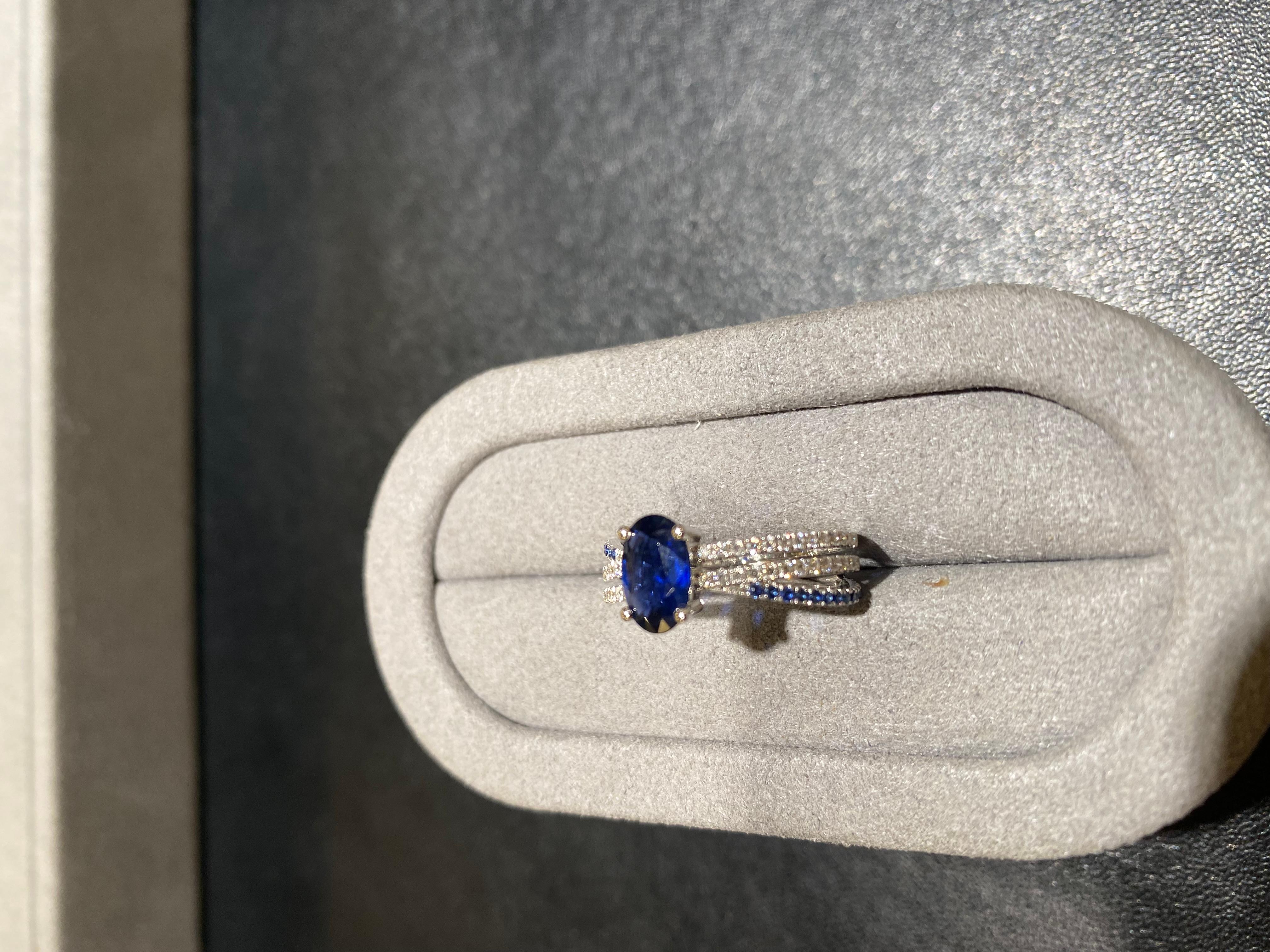 Contemporary Eostre Blue Sapphire and Diamond Ring in 18k White Gold For Sale