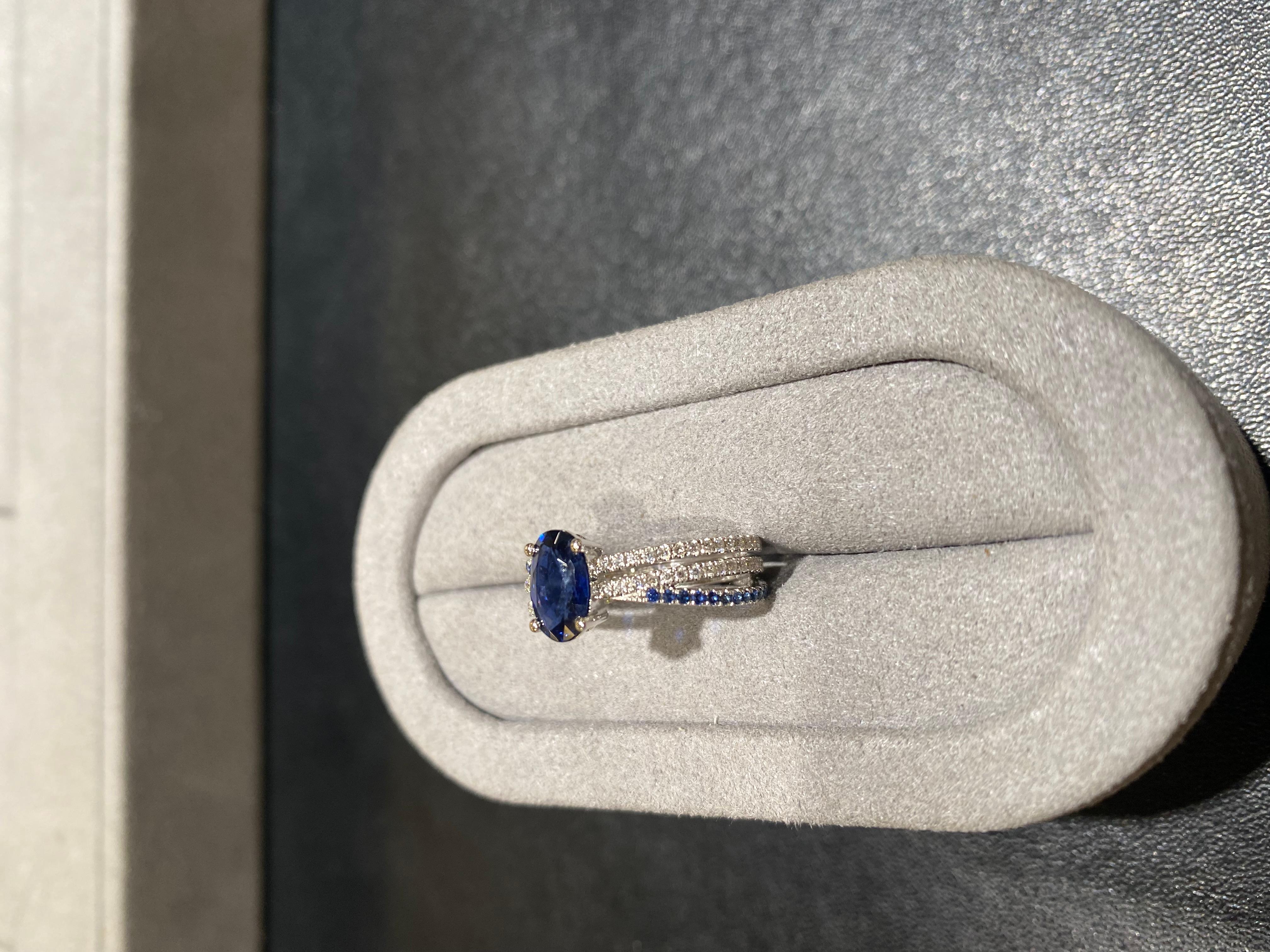 Brilliant Cut Eostre Blue Sapphire and Diamond Ring in 18k White Gold For Sale