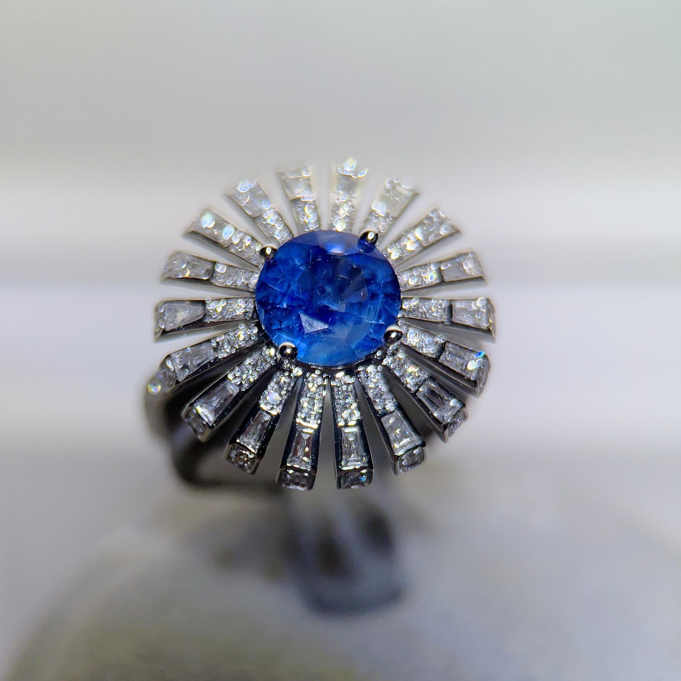 Contemporary Eostre Blue Sapphire and Diamond Ring in White Gold For Sale